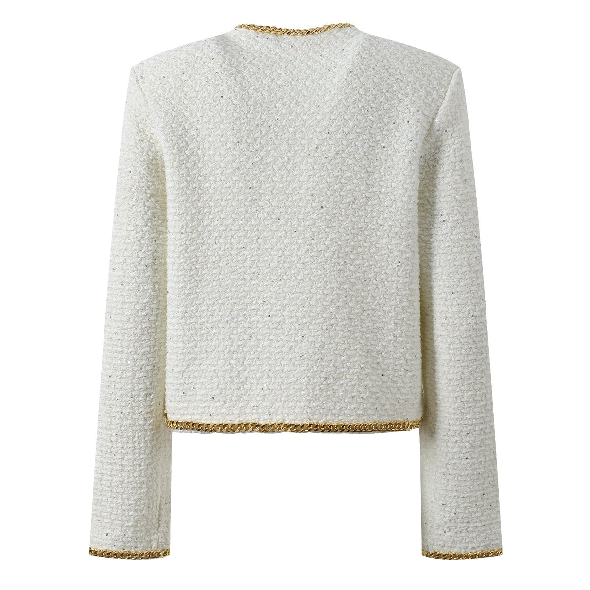 Bella Cropped Boxy Jacket - Sparkling Accents with Gold Chain Trim & Embellished Buttons