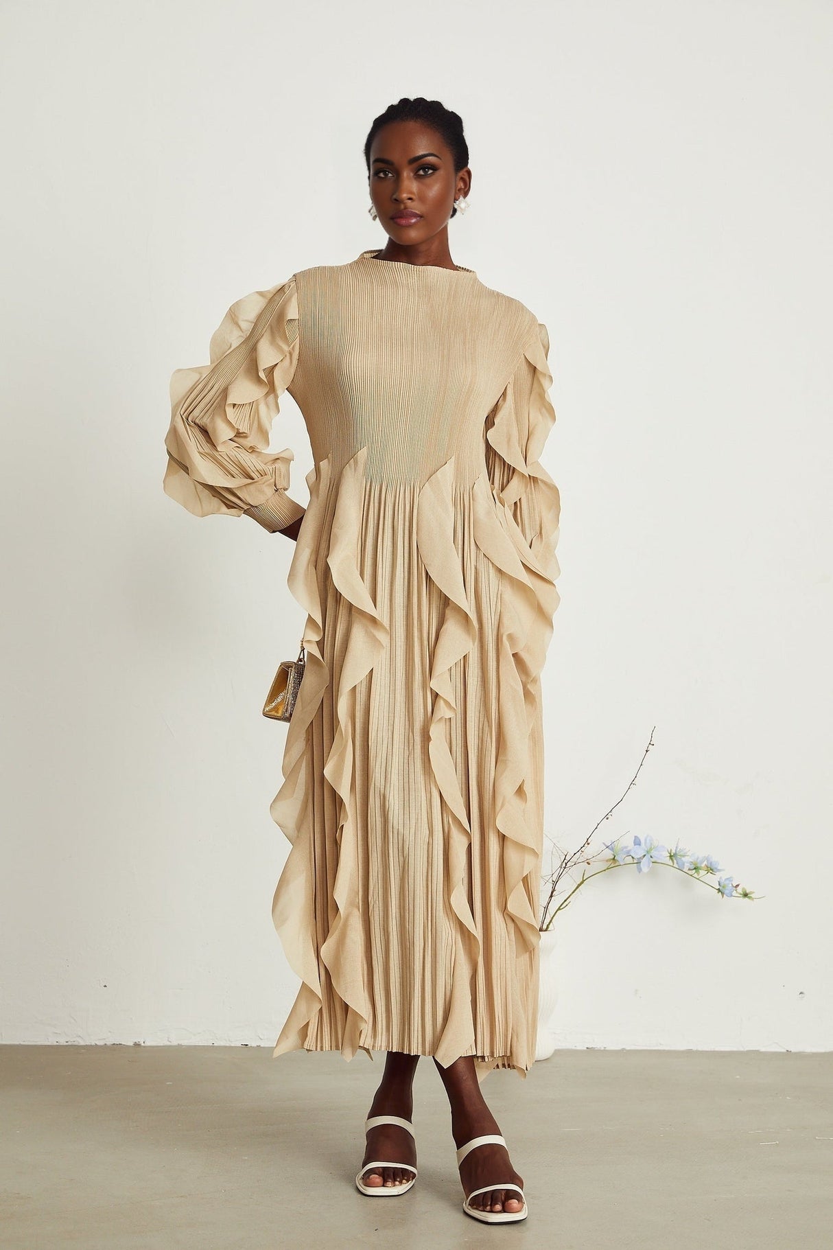 Bella Maxi Dress - Square Neck - Ruffled Trim - Long Sleeves - Pleated Design - Stretch Jersey