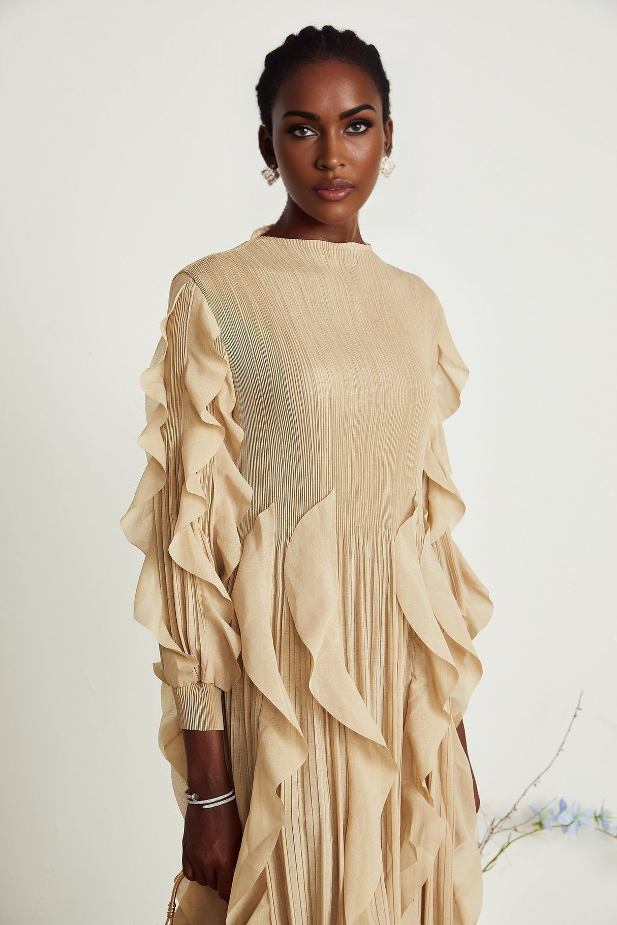 Bella Maxi Dress - Square Neck - Ruffled Trim - Long Sleeves - Pleated Design - Stretch Jersey