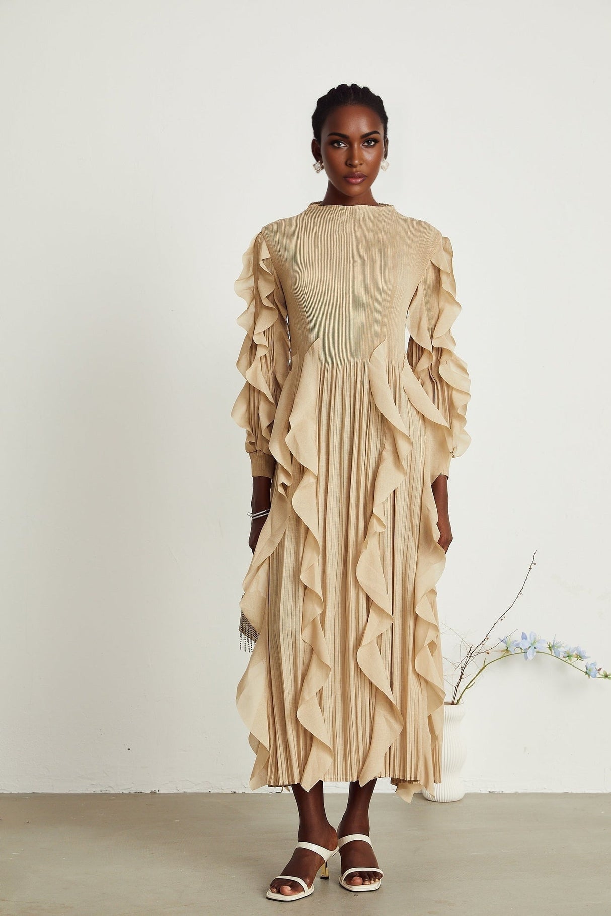 Bella Maxi Dress - Square Neck - Ruffled Trim - Long Sleeves - Pleated Design - Stretch Jersey