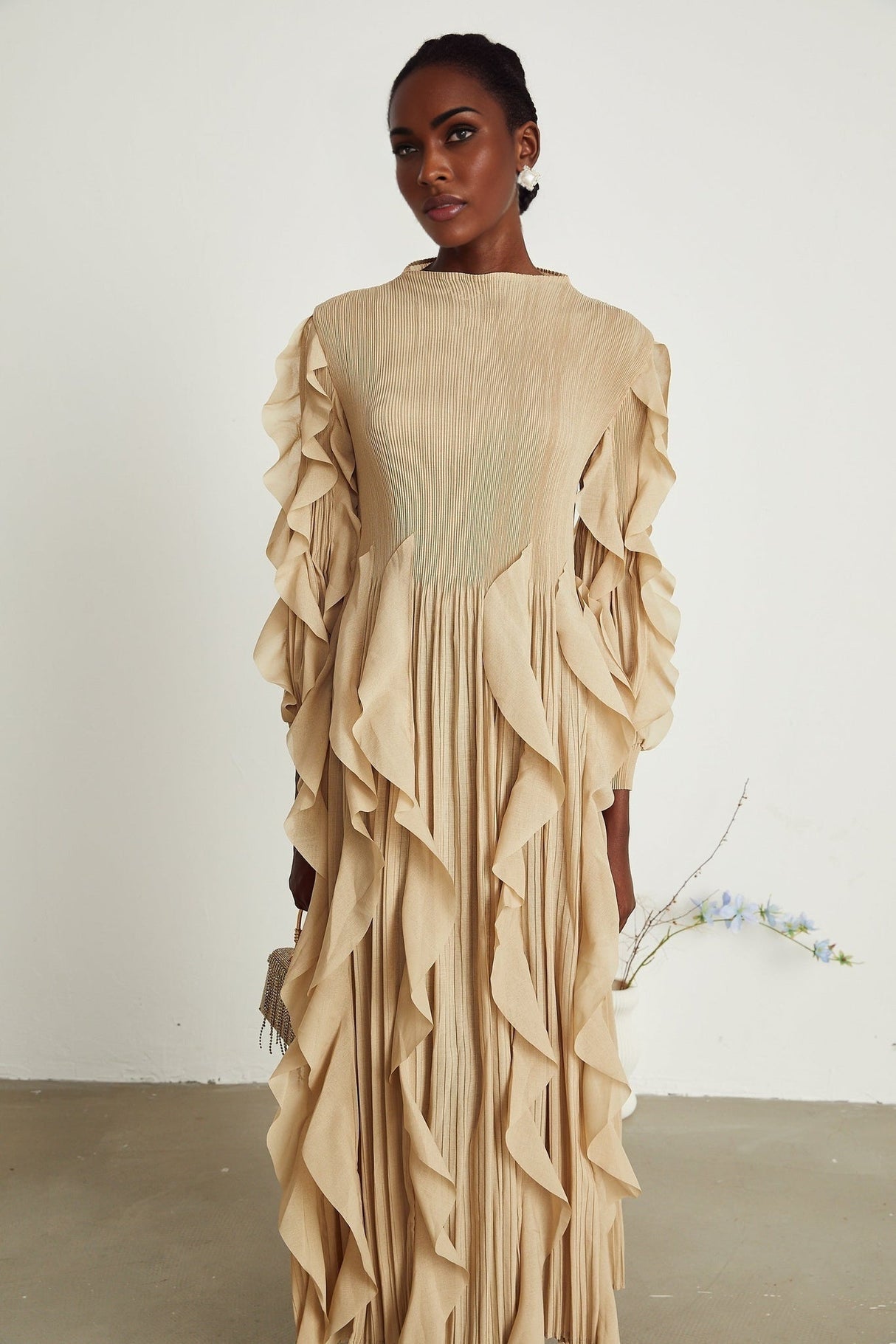 Bella Maxi Dress - Square Neck - Ruffled Trim - Long Sleeves - Pleated Design - Stretch Jersey