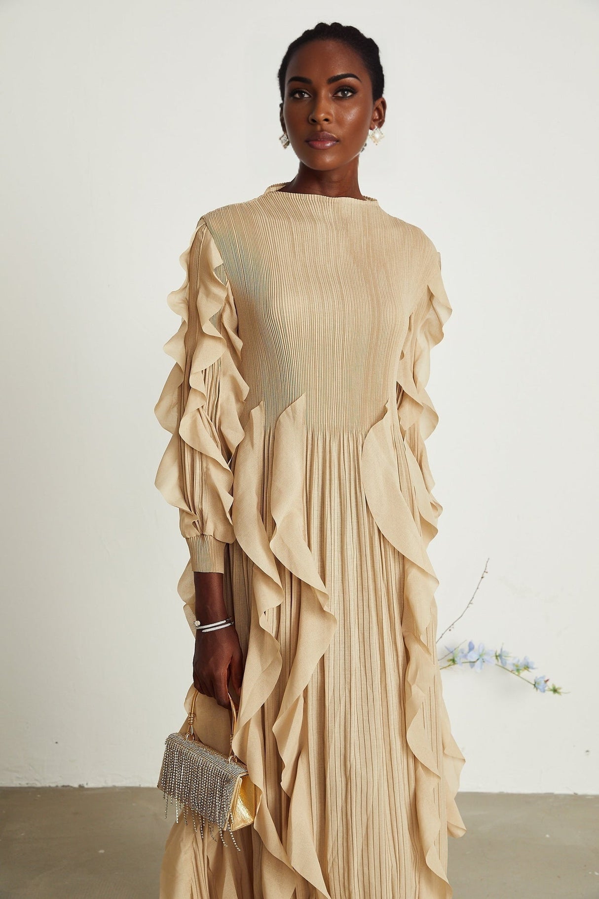 Bella Maxi Dress - Square Neck - Ruffled Trim - Long Sleeves - Pleated Design - Stretch Jersey