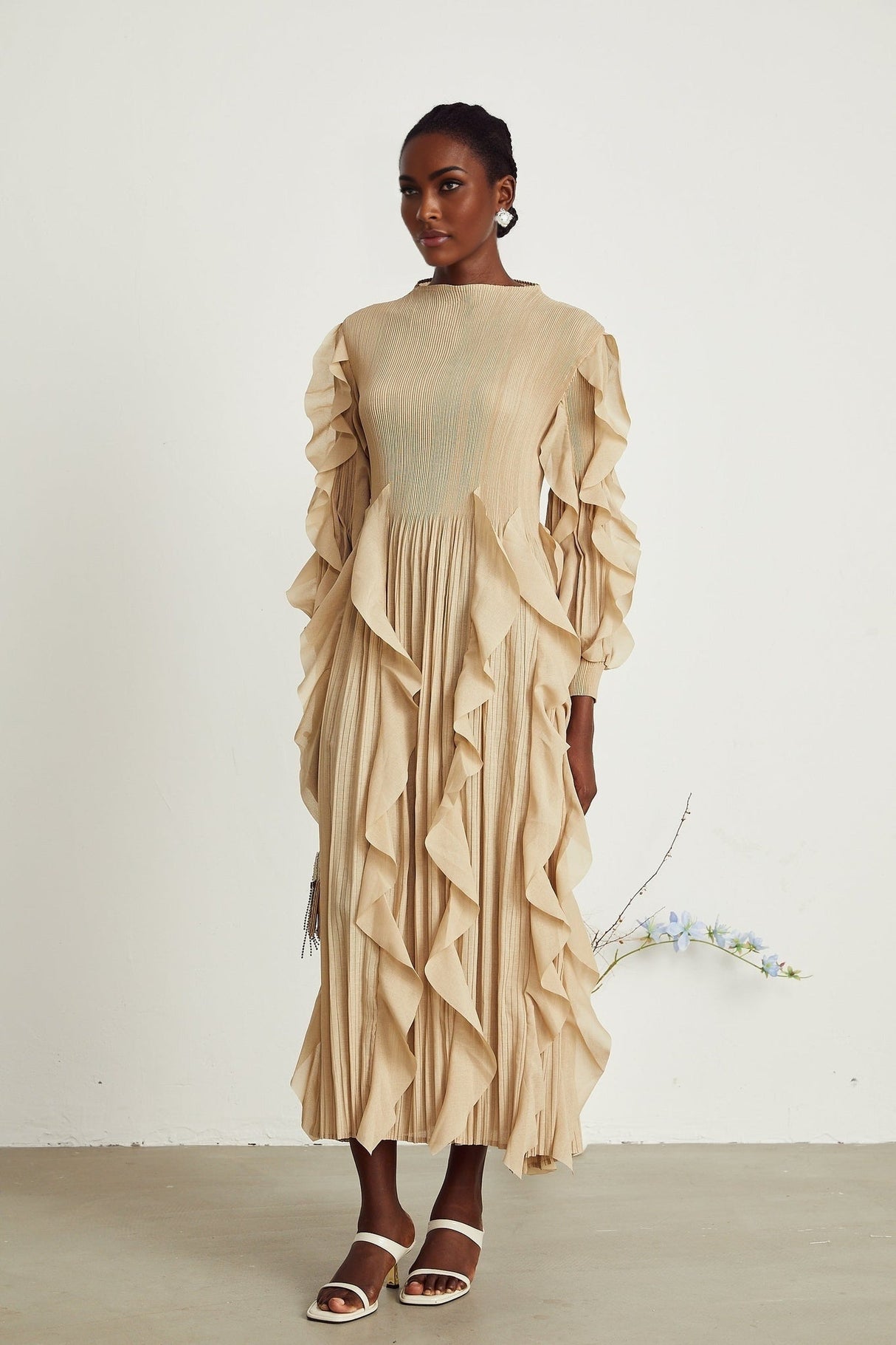 Bella Maxi Dress - Square Neck - Ruffled Trim - Long Sleeves - Pleated Design - Stretch Jersey