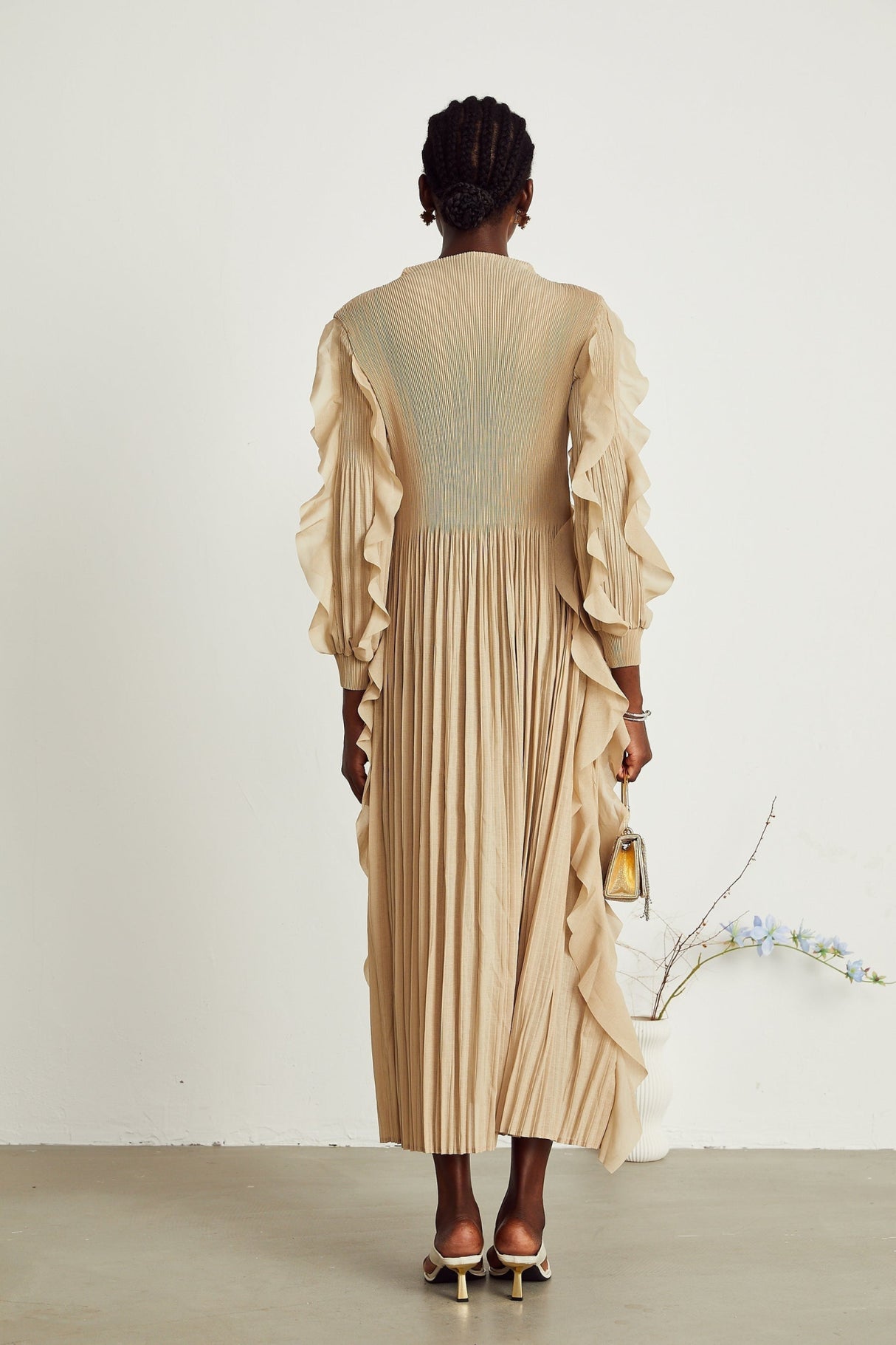 Bella Maxi Dress - Square Neck - Ruffled Trim - Long Sleeves - Pleated Design - Stretch Jersey