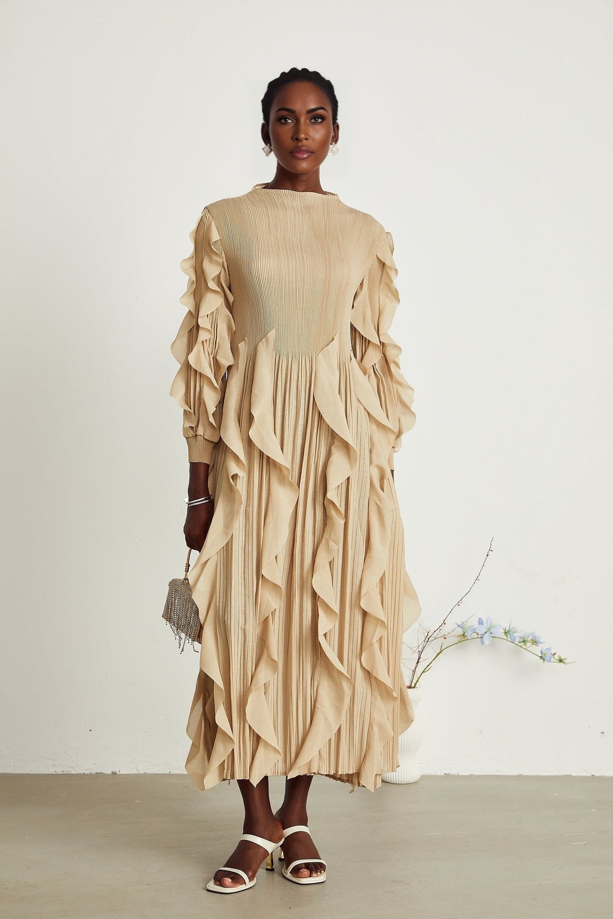 Bella Maxi Dress - Square Neck - Ruffled Trim - Long Sleeves - Pleated Design - Stretch Jersey