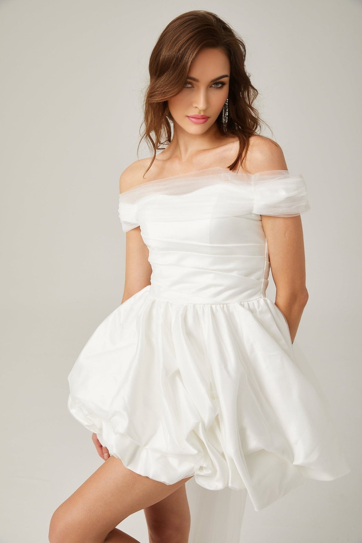 Bella Off Shoulder Mini Dress - Peplum Hem - Satin Finish - Bowknot & Ribbon Detail - Tie Fastening