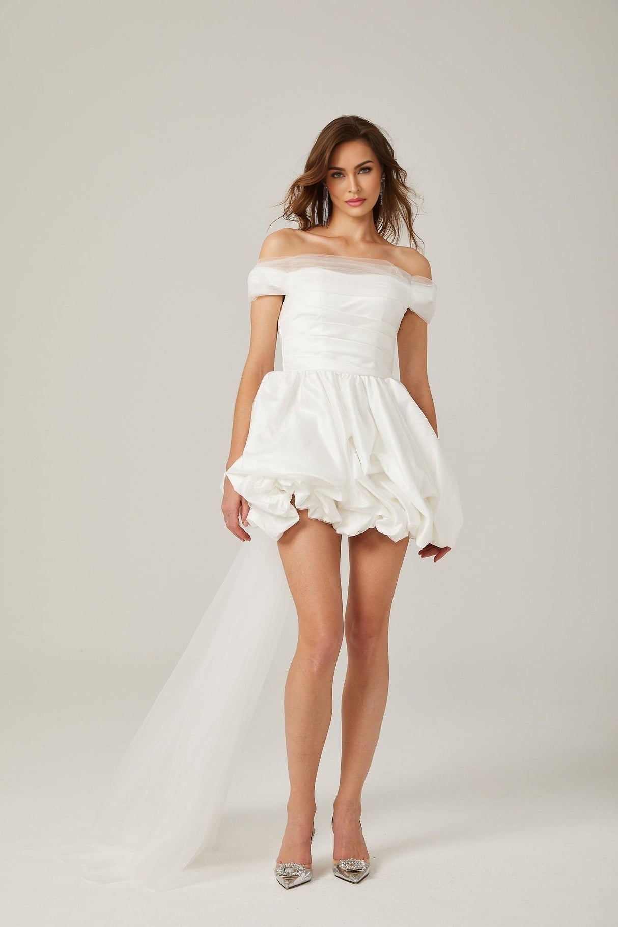 Bella Off Shoulder Mini Dress - Peplum Hem - Satin Finish - Bowknot & Ribbon Detail - Tie Fastening