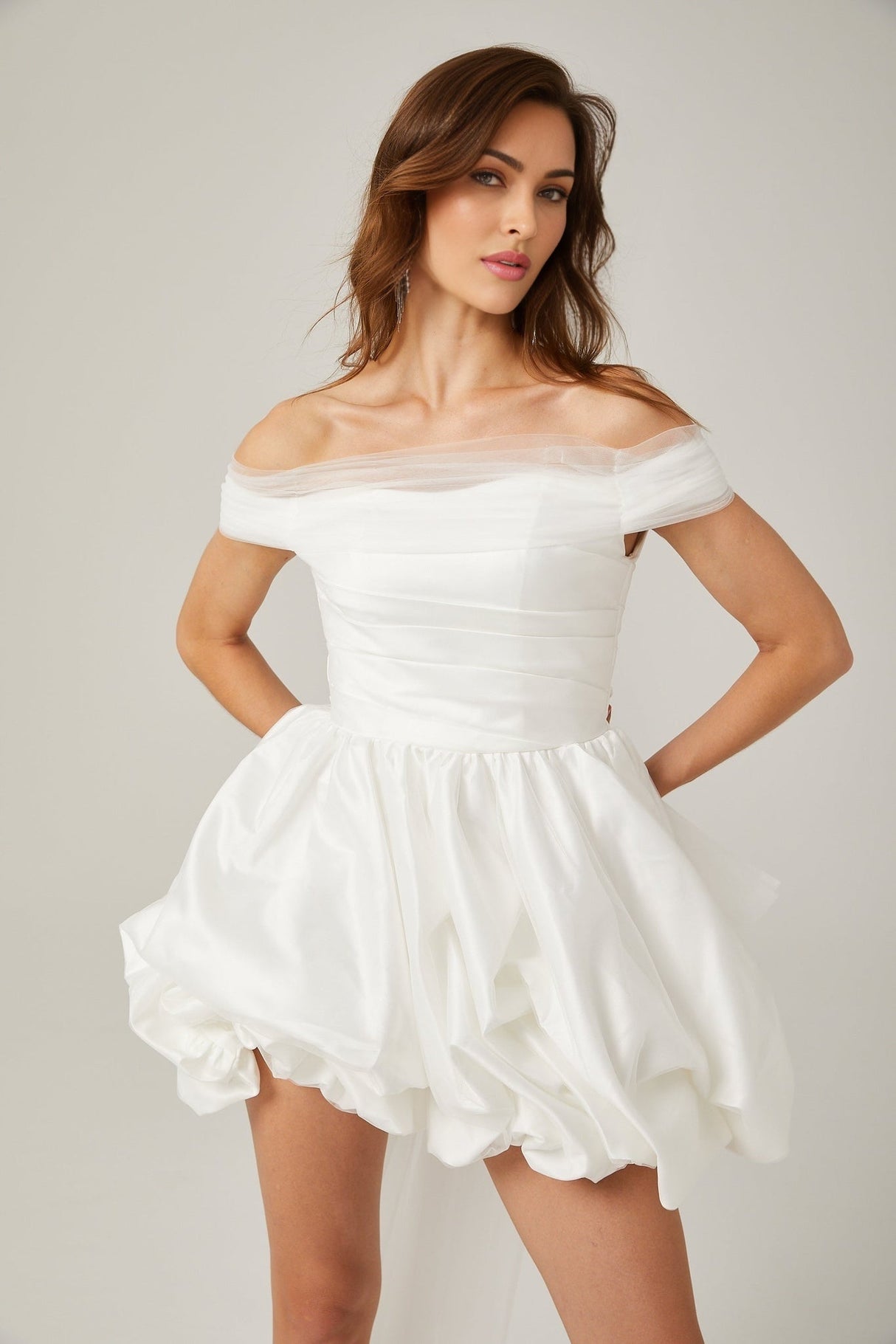 Bella Off Shoulder Mini Dress - Peplum Hem - Satin Finish - Bowknot & Ribbon Detail - Tie Fastening