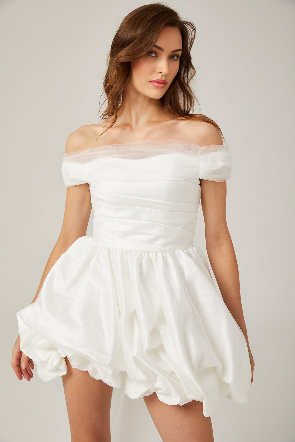 Bella Off Shoulder Mini Dress - Peplum Hem - Satin Finish - Bowknot & Ribbon Detail - Tie Fastening