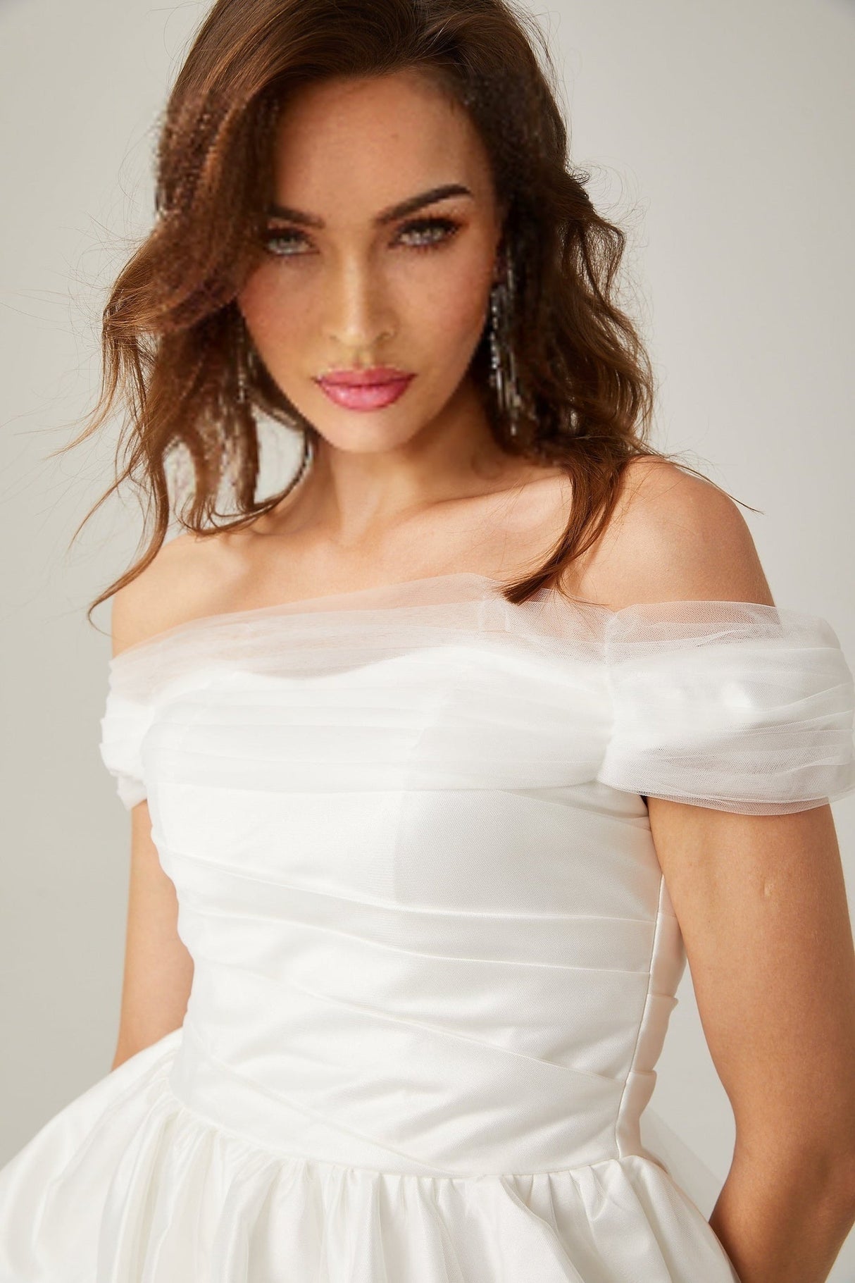 Bella Off Shoulder Mini Dress - Peplum Hem - Satin Finish - Bowknot & Ribbon Detail - Tie Fastening