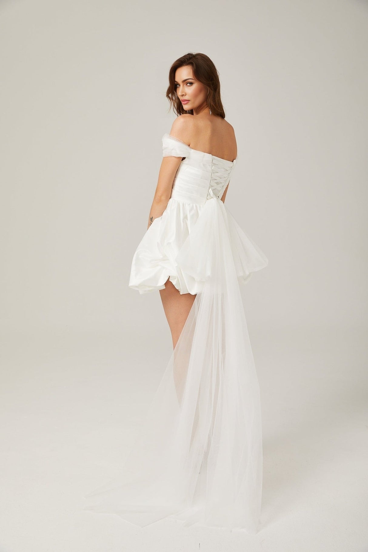 Bella Off Shoulder Mini Dress - Peplum Hem - Satin Finish - Bowknot & Ribbon Detail - Tie Fastening