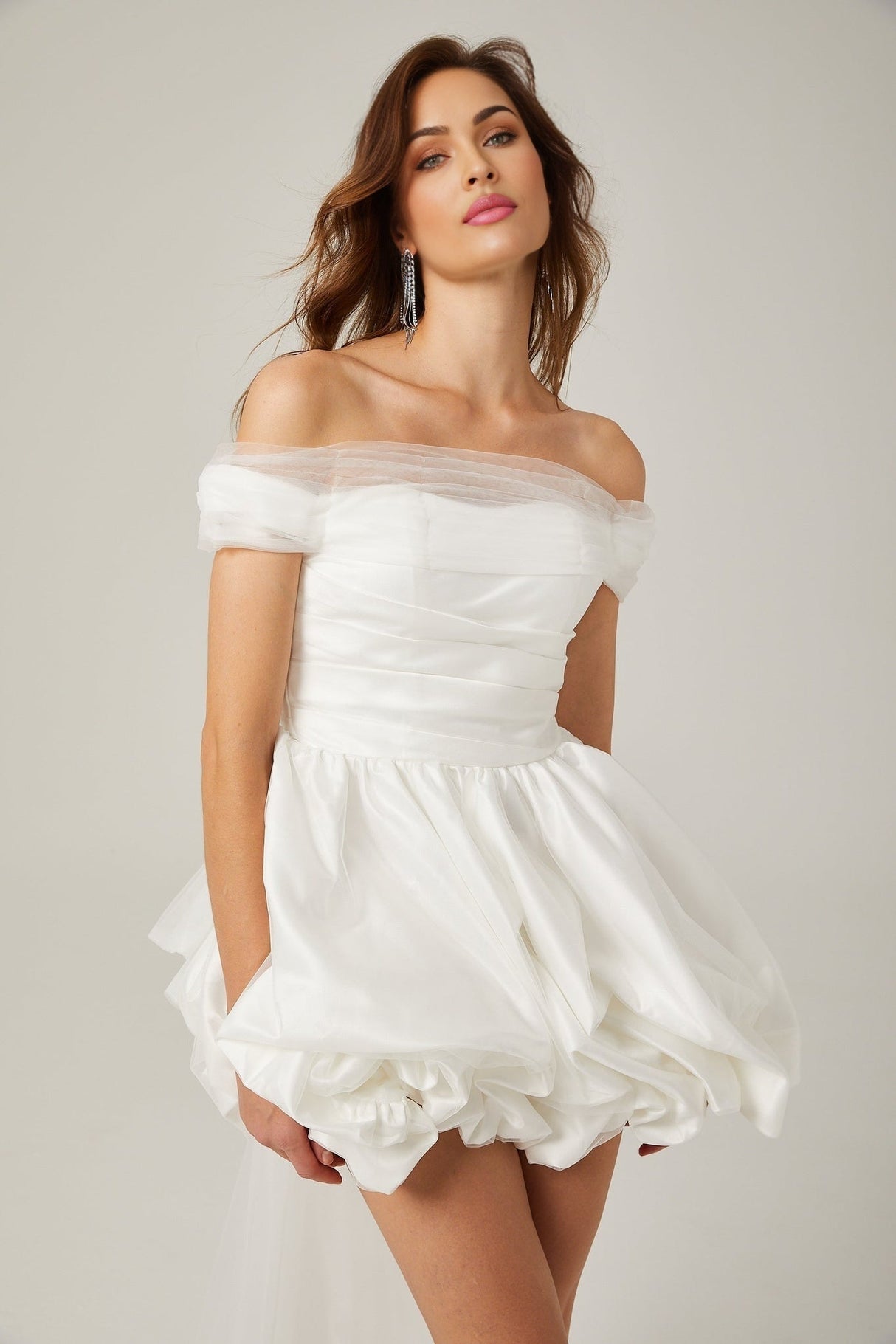 Bella Off Shoulder Mini Dress - Peplum Hem - Satin Finish - Bowknot & Ribbon Detail - Tie Fastening