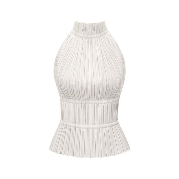 Bella Top - Pleated Crew Neck Open Back Spaghetti Tie Sleeveless Fashion Shirt