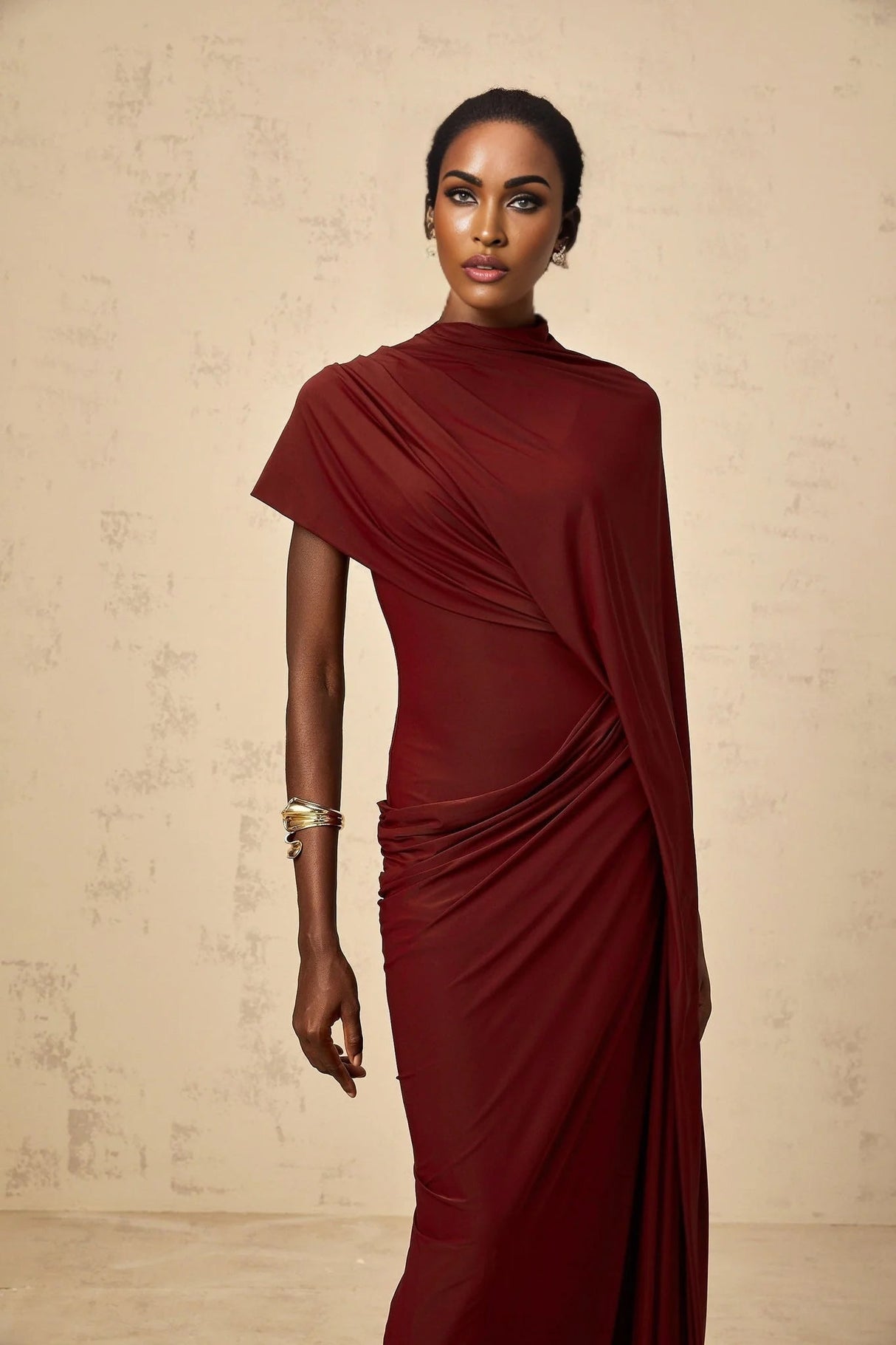 Benedetta Cape & Dress Set with Unique Draped Design in Red