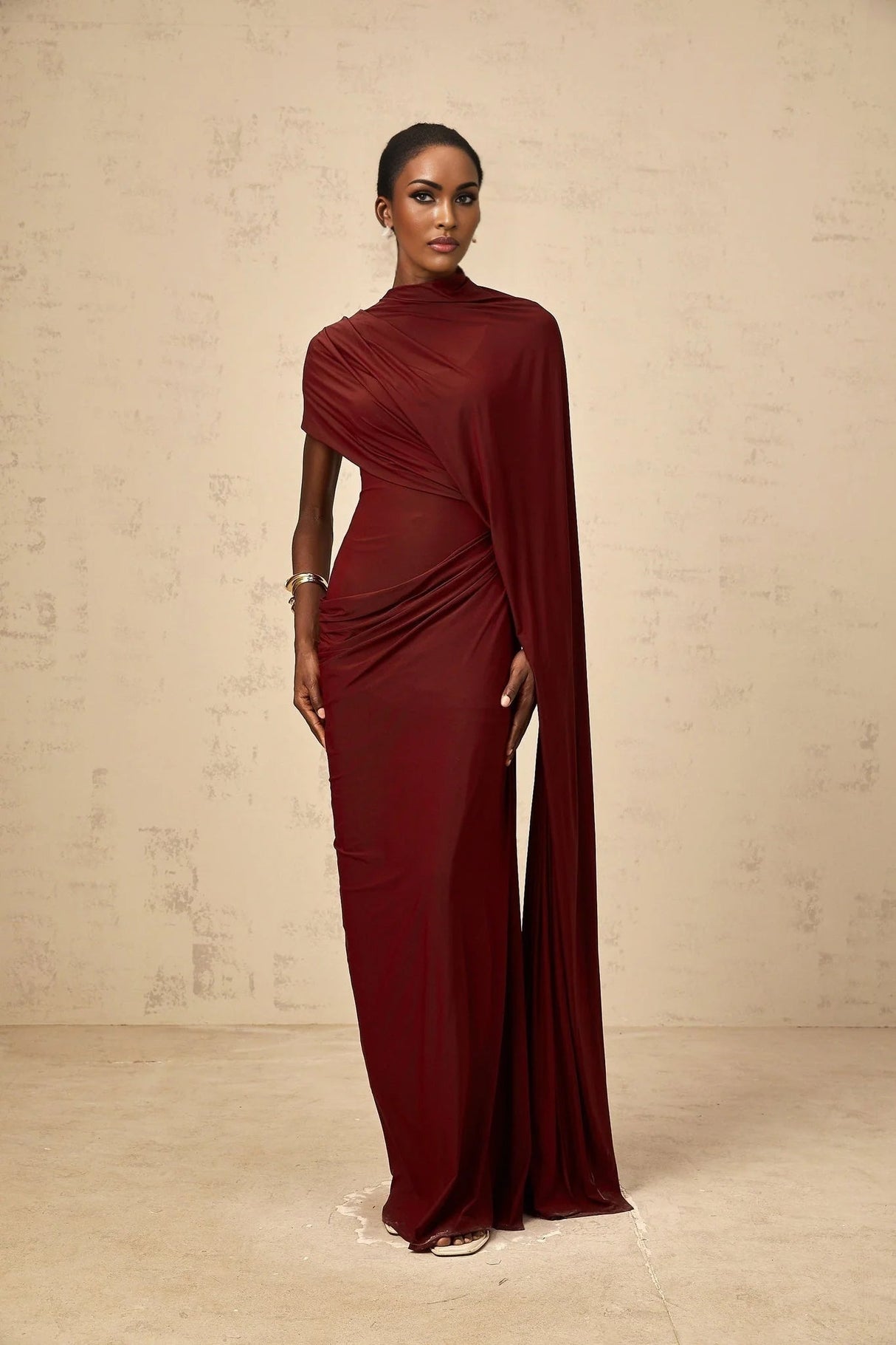 Benedetta Cape & Dress Set with Unique Draped Design in Red