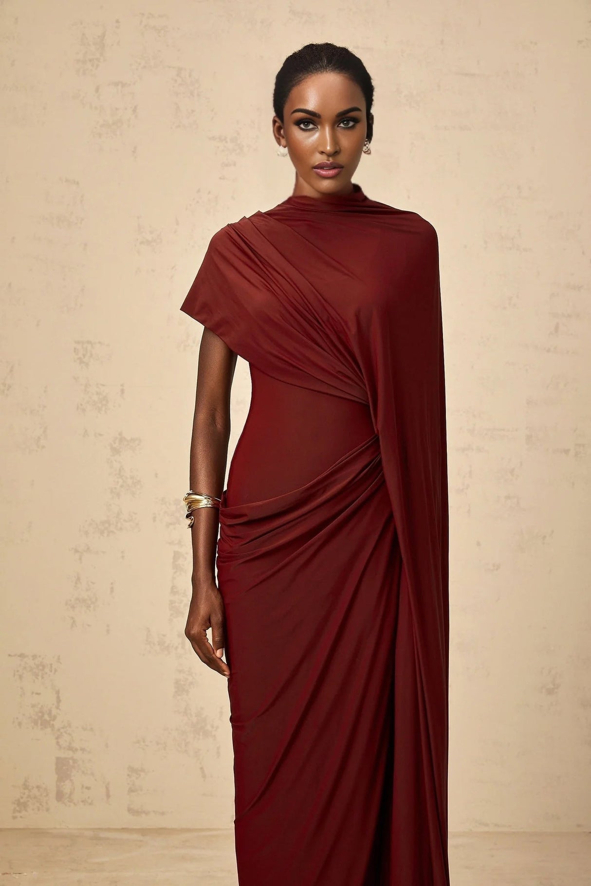 Benedetta Cape & Dress Set with Unique Draped Design in Red