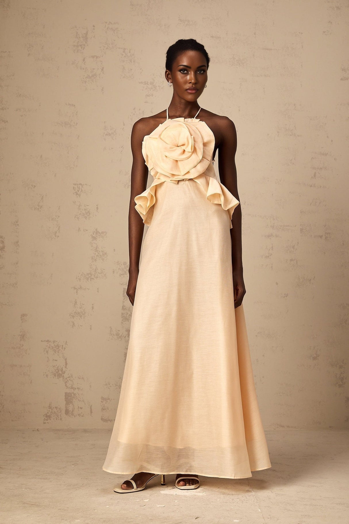 Benedetta Maxi Dress - Halterneck Style - Open Back - Ruffled Details - 3D Petal and Crystal Embellishments