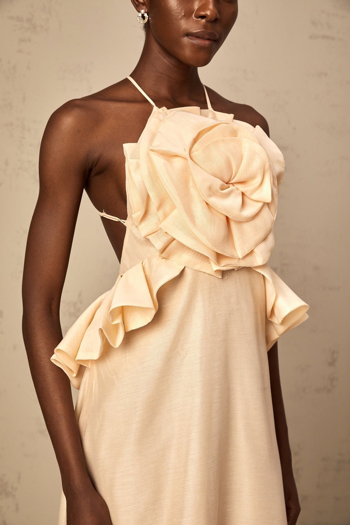 Benedetta Maxi Dress - Halterneck Style - Open Back - Ruffled Details - 3D Petal and Crystal Embellishments