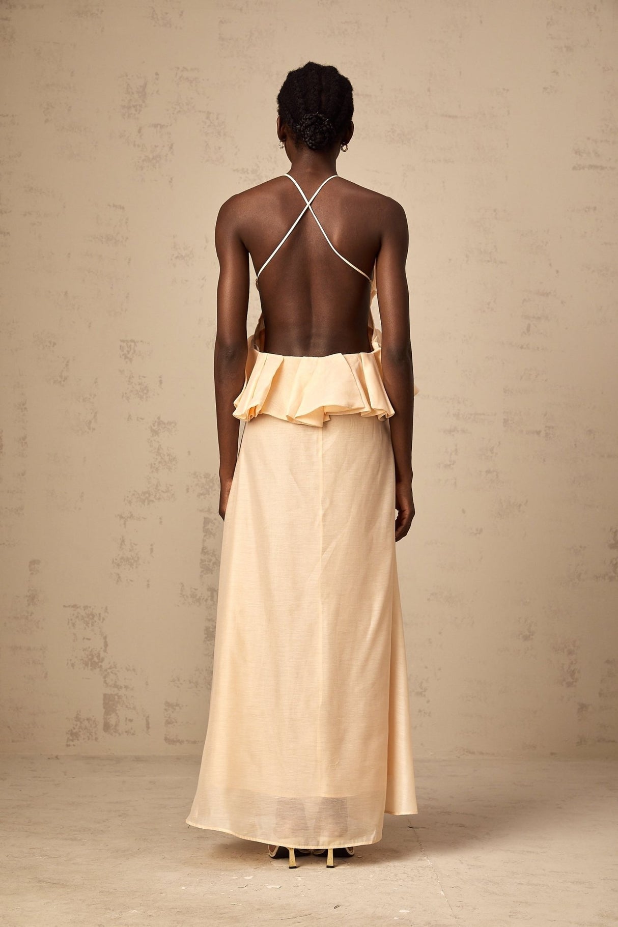 Benedetta Maxi Dress - Halterneck Style - Open Back - Ruffled Details - 3D Petal and Crystal Embellishments