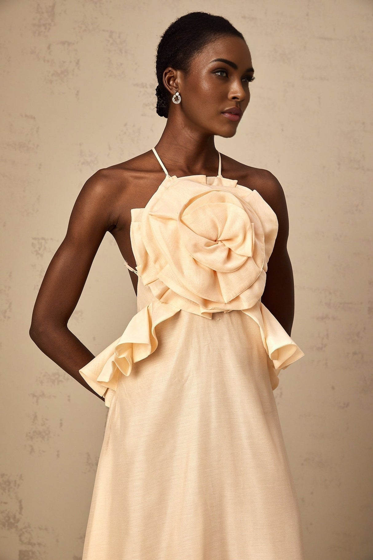 Benedetta Maxi Dress - Halterneck Style - Open Back - Ruffled Details - 3D Petal and Crystal Embellishments