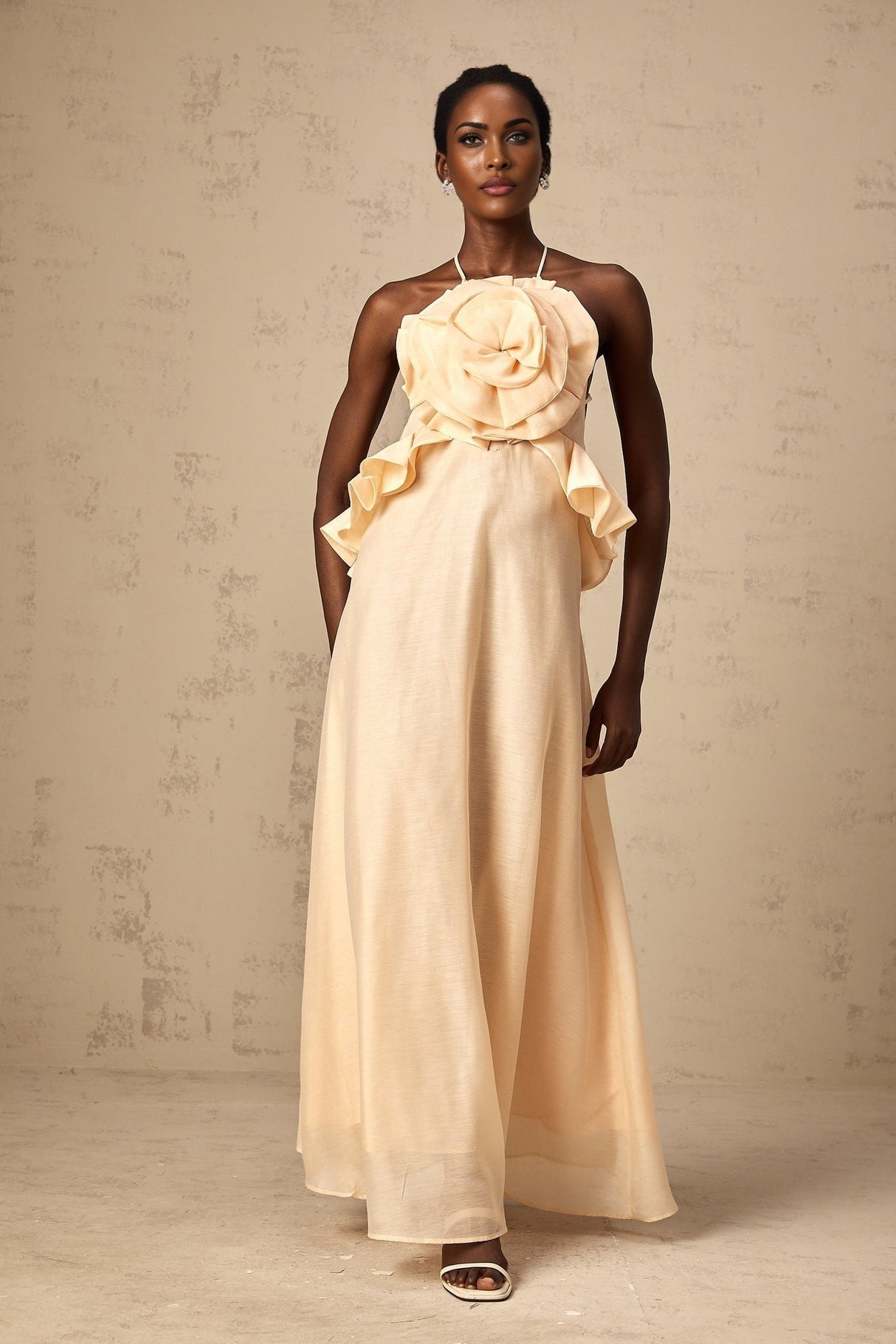 Benedetta Maxi Dress - Halterneck Style - Open Back - Ruffled Details - 3D Petal and Crystal Embellishments