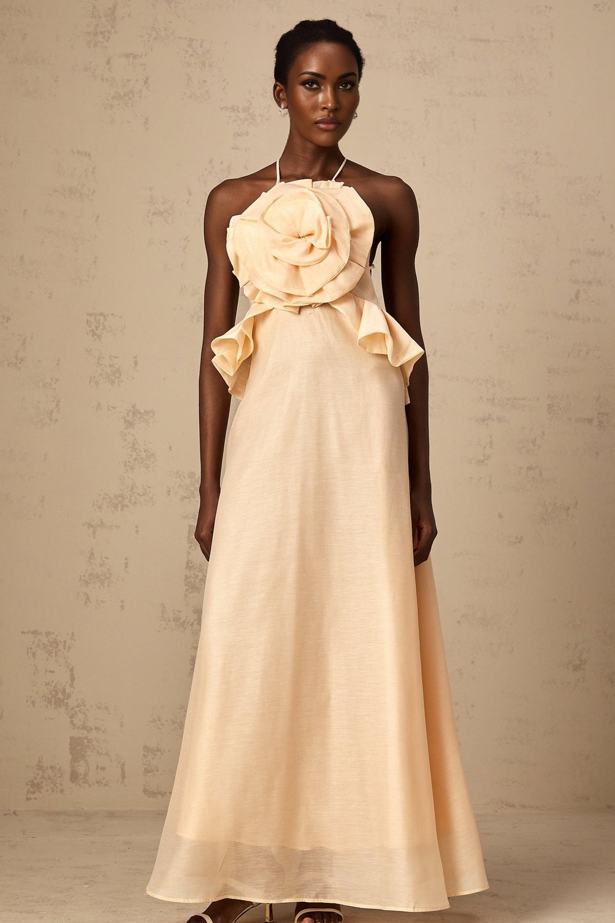 Benedetta Maxi Dress - Halterneck Style - Open Back - Ruffled Details - 3D Petal and Crystal Embellishments