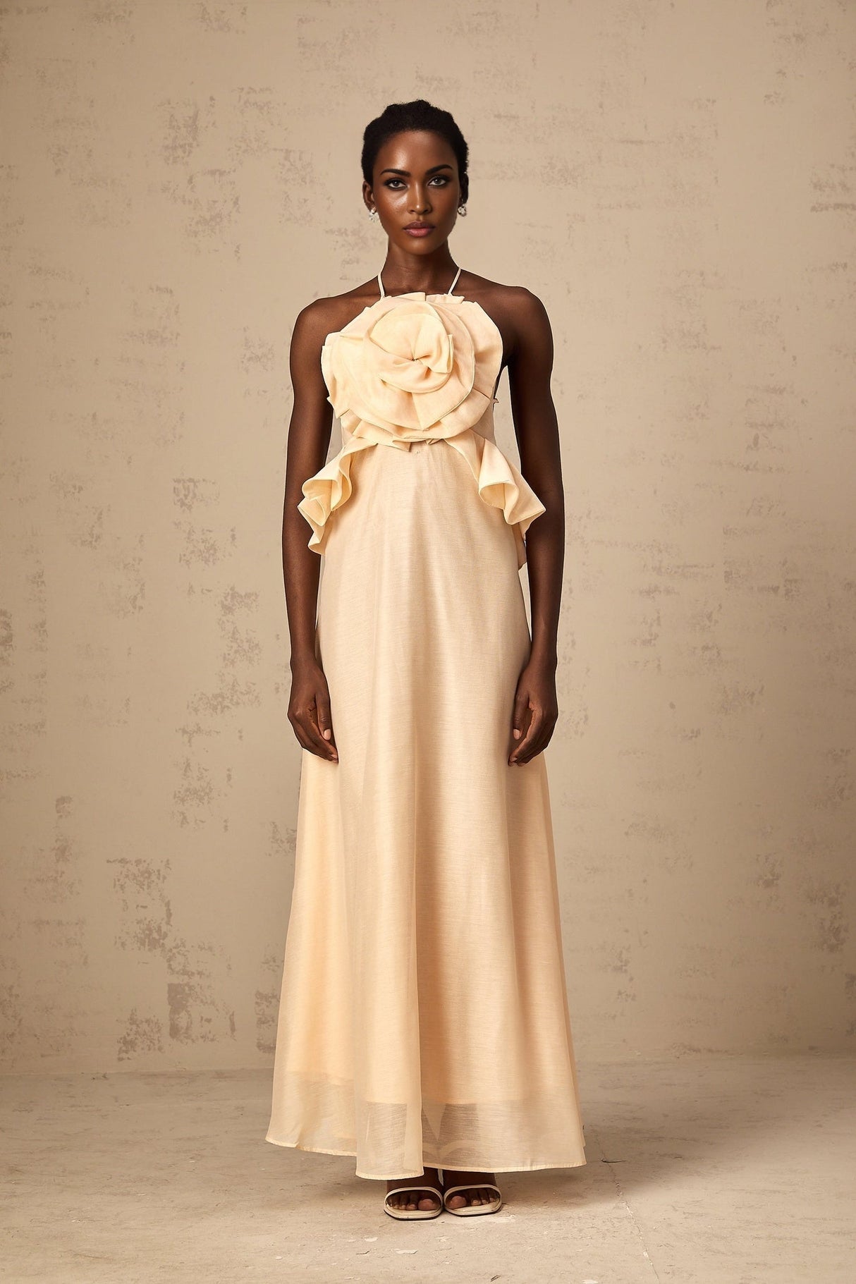 Benedetta Maxi Dress - Halterneck Style - Open Back - Ruffled Details - 3D Petal and Crystal Embellishments