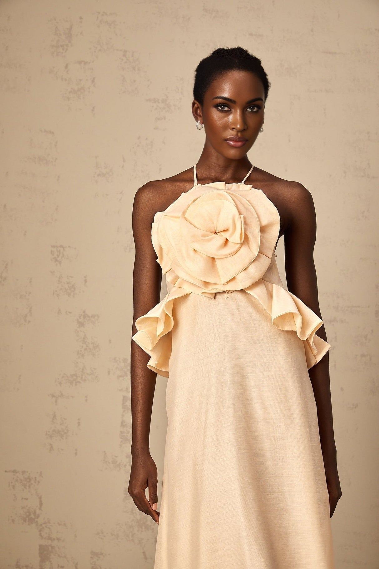 Benedetta Maxi Dress - Halterneck Style - Open Back - Ruffled Details - 3D Petal and Crystal Embellishments