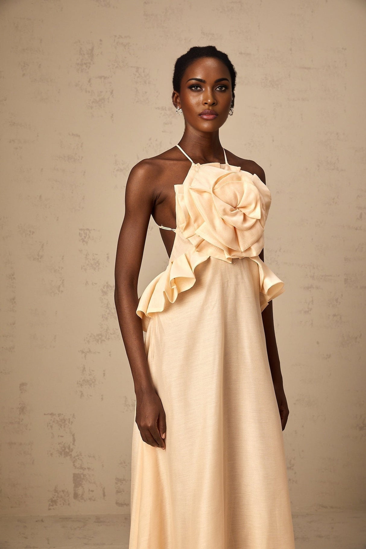 Benedetta Maxi Dress - Halterneck Style - Open Back - Ruffled Details - 3D Petal and Crystal Embellishments