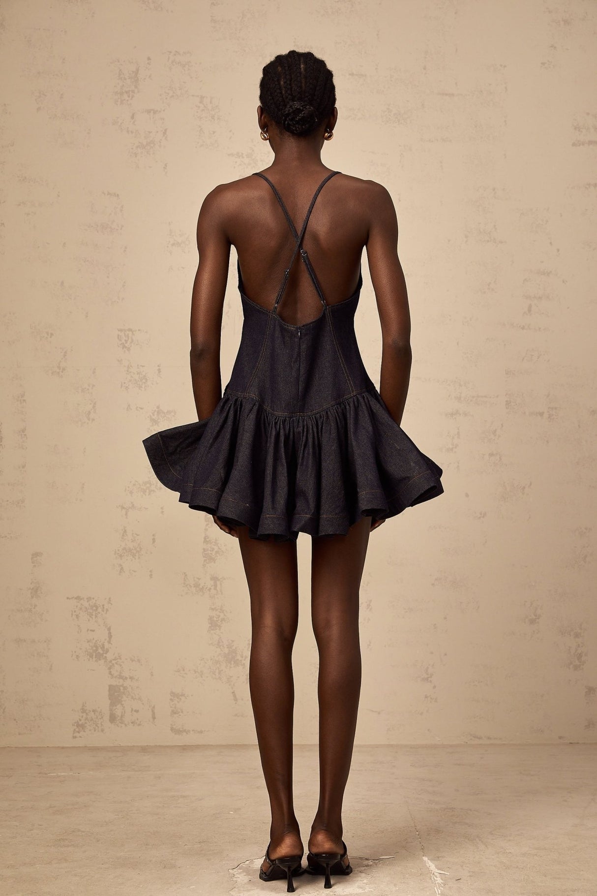 Beppina Denim Mini Dress - V - neck - Sleeveless - Cross - over Straps - Flounce Hem