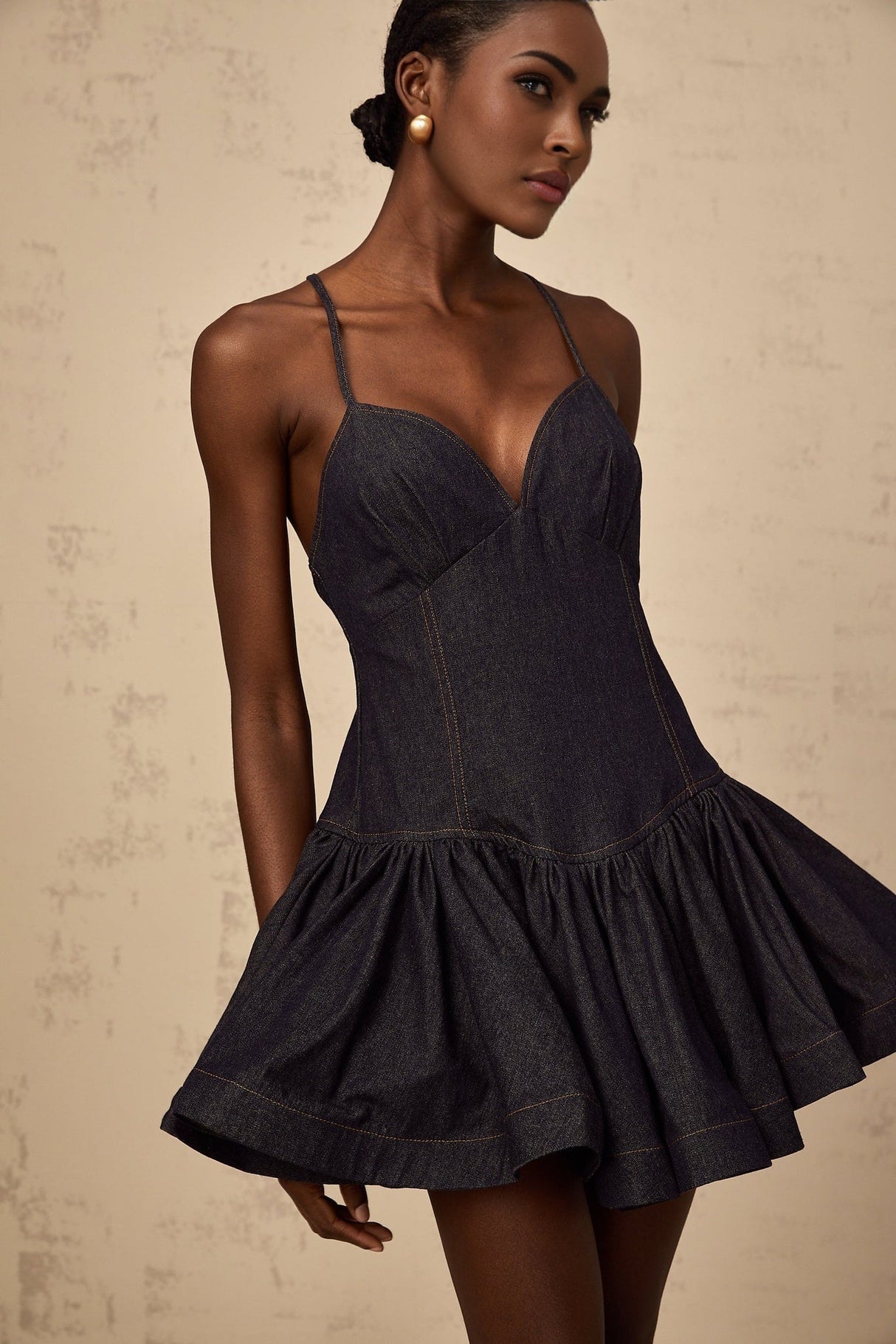 Beppina Denim Mini Dress - V - neck - Sleeveless - Cross - over Straps - Flounce Hem