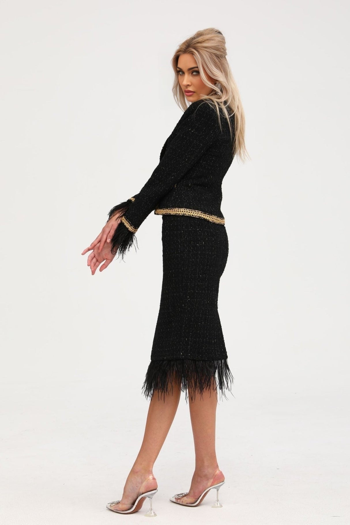 Beppina Jacket & Skirt - Tweed - Notched Lapels - Panelled Design - Ostrich Feather Accents