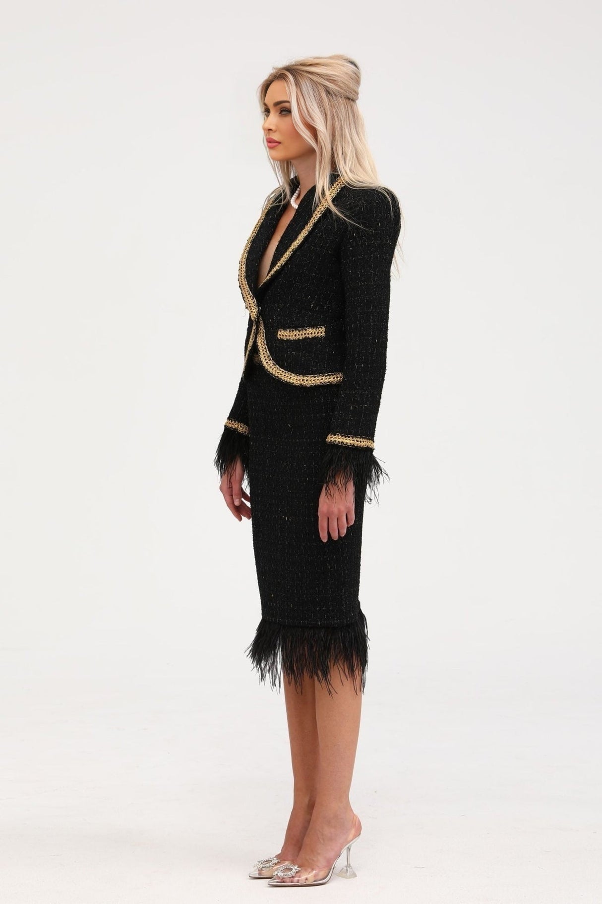 Beppina Jacket & Skirt - Tweed - Notched Lapels - Panelled Design - Ostrich Feather Accents