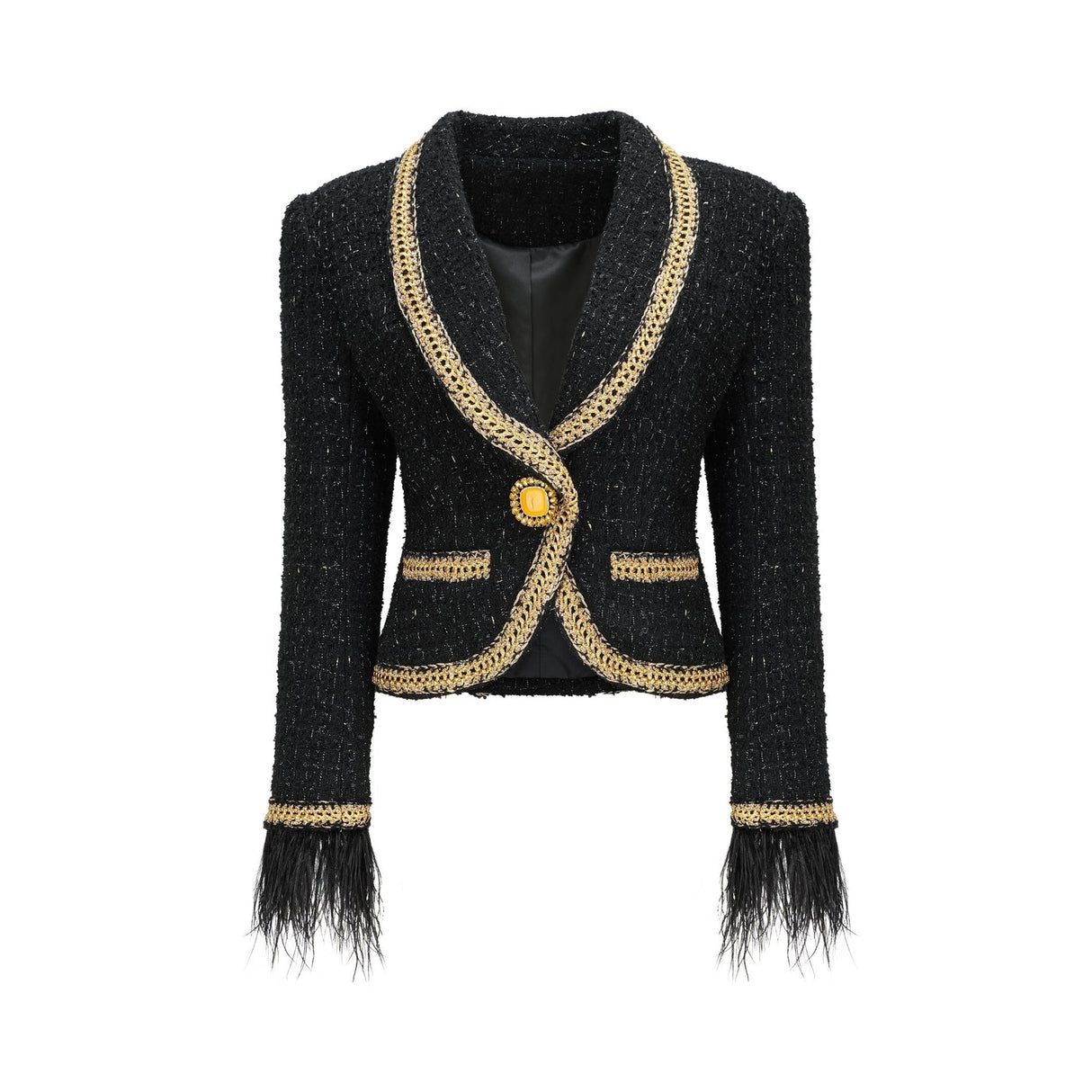 Beppina Jacket & Skirt - Tweed - Notched Lapels - Panelled Design - Ostrich Feather Accents