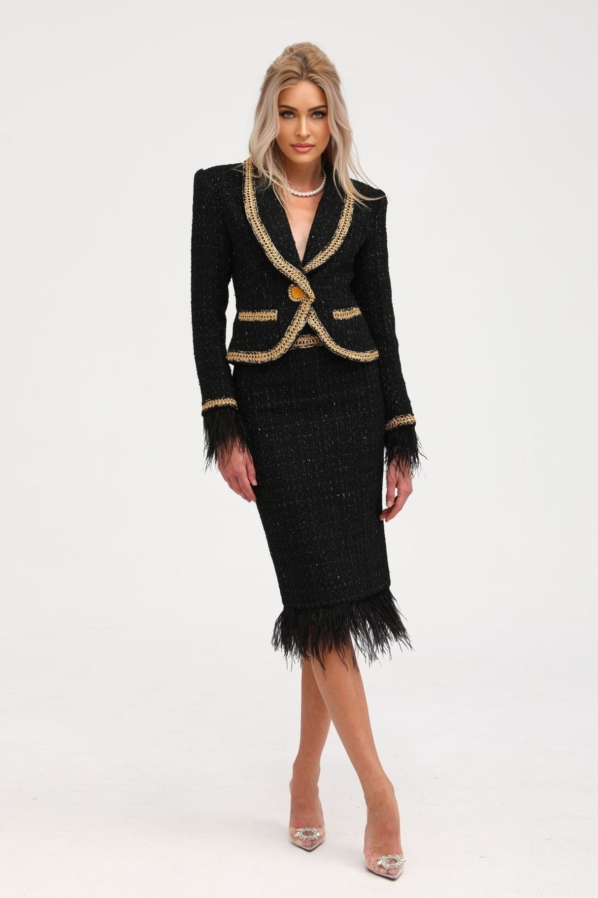 Beppina Jacket & Skirt - Tweed - Notched Lapels - Panelled Design - Ostrich Feather Accents