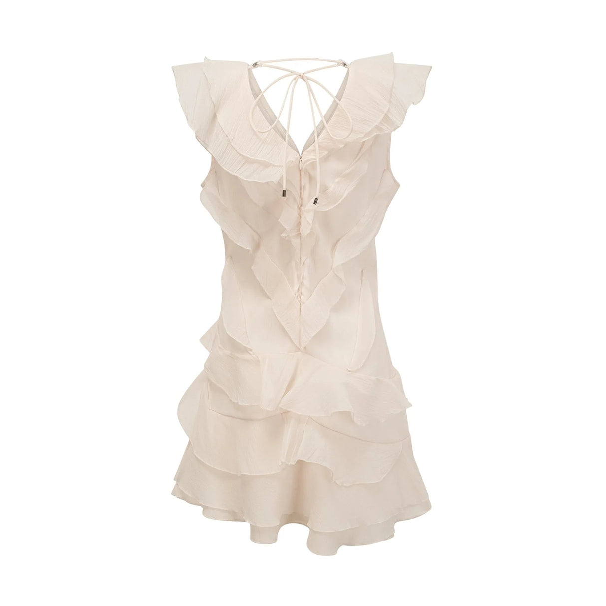 Beppina Mini Dress Neutral V - neck Ruffled Thigh Length & Floral Layers