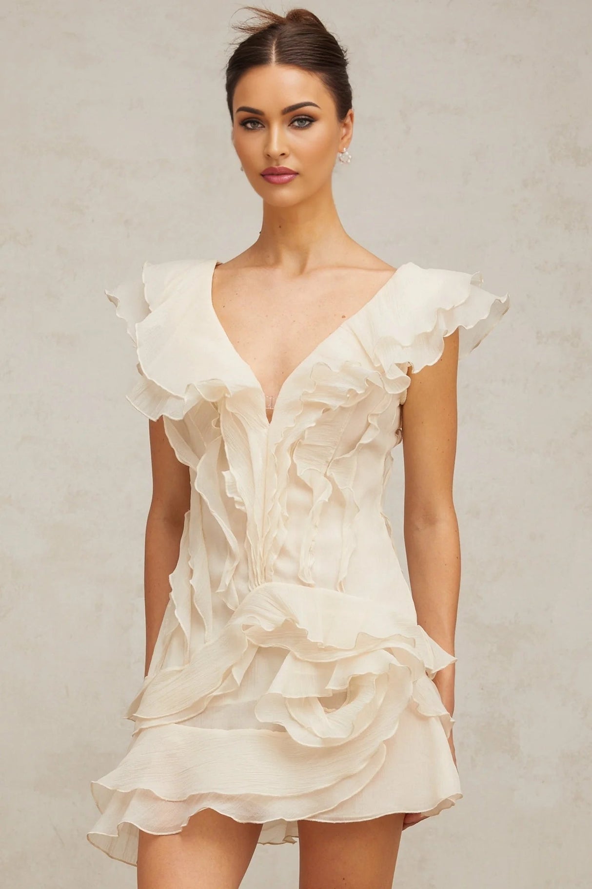 Beppina Mini Dress Neutral V - neck Ruffled Thigh Length & Floral Layers