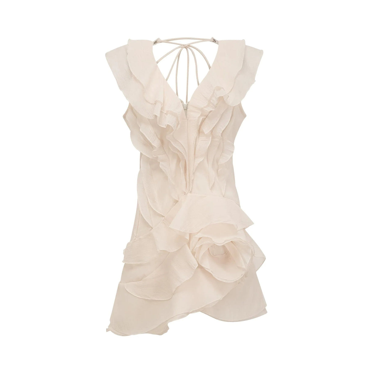 Beppina Mini Dress Neutral V - neck Ruffled Thigh Length & Floral Layers