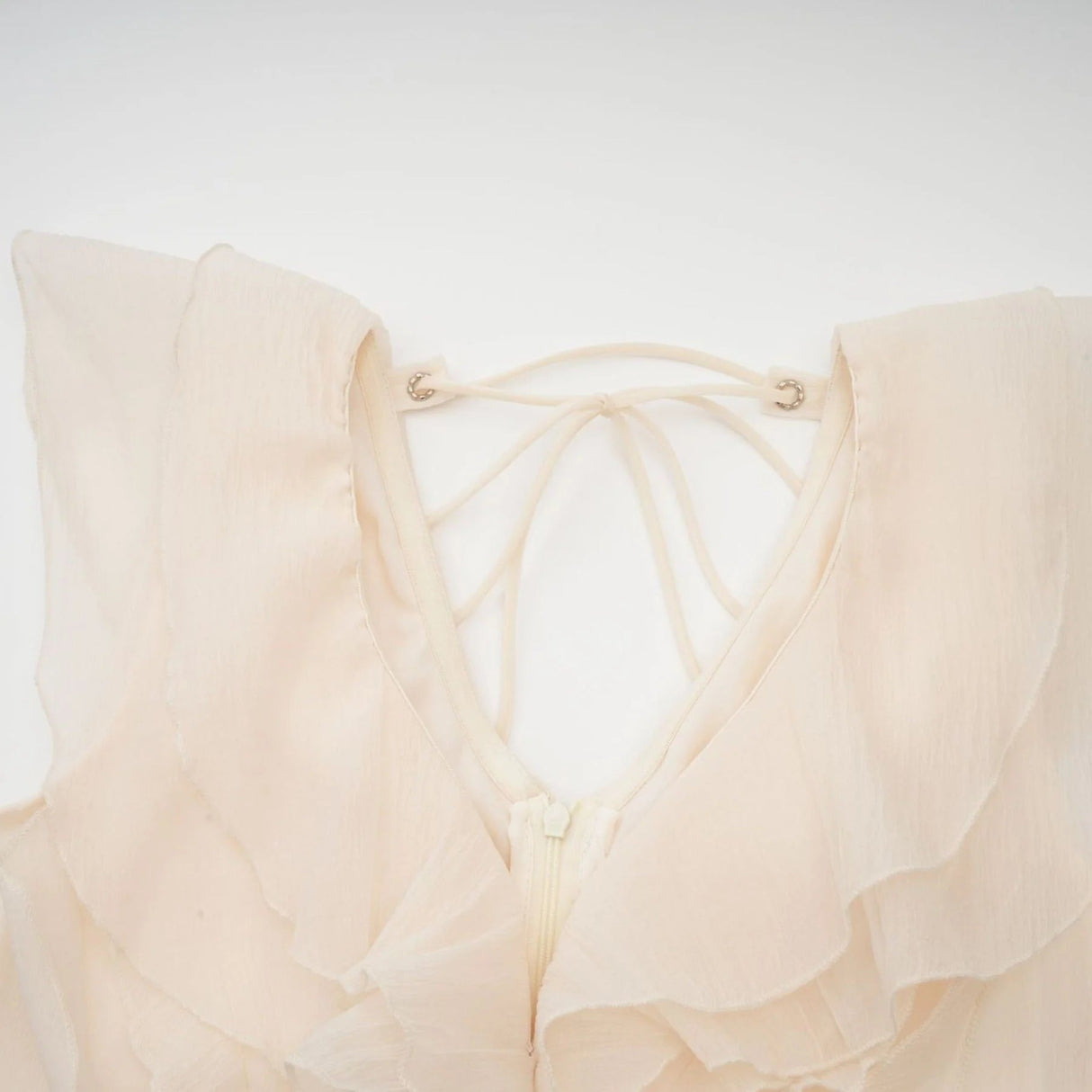 Beppina Mini Dress Neutral V - neck Ruffled Thigh Length & Floral Layers