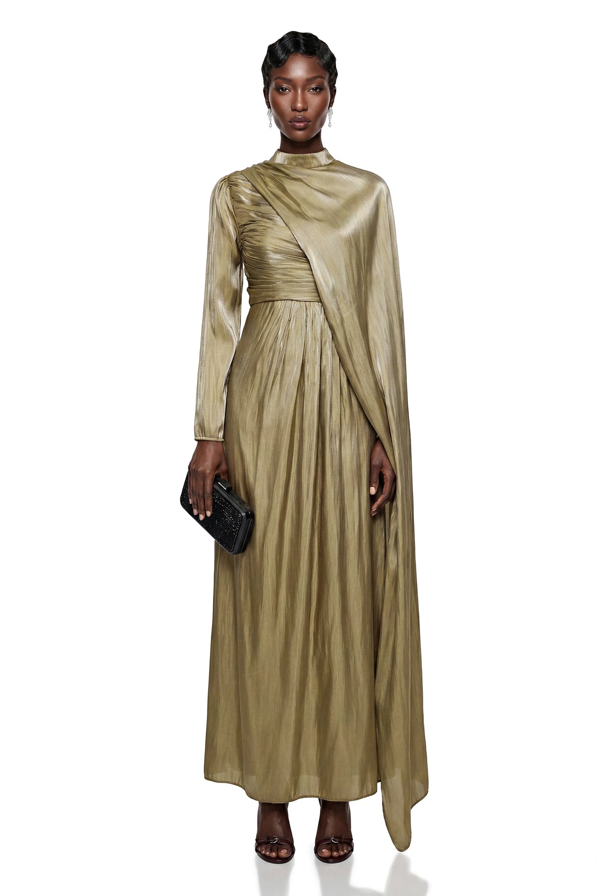 Berenike Gold Glossy Maxi Dress with Cape