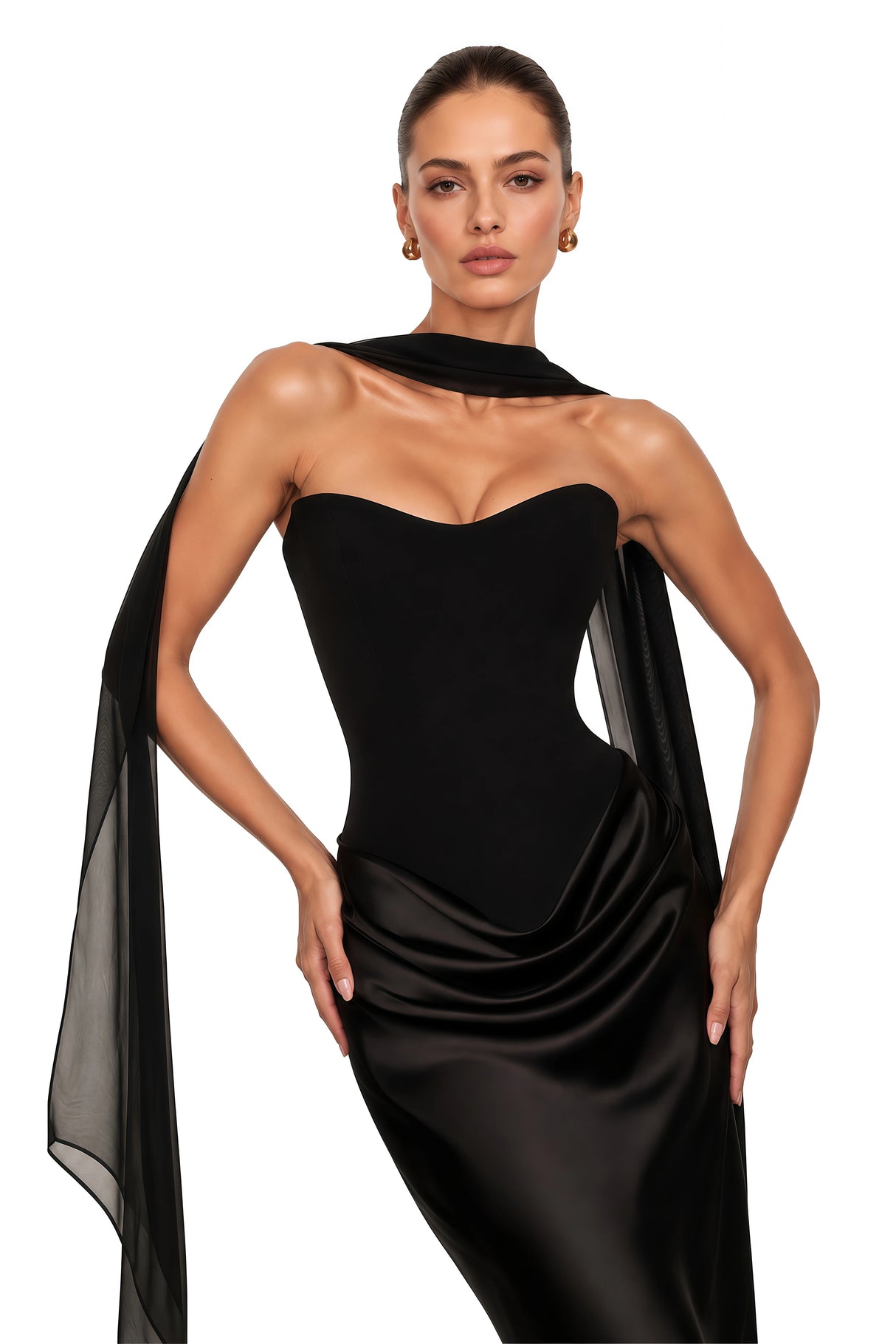 Berit Black Scarf Off Shoulder Ruched Maxi Dress
