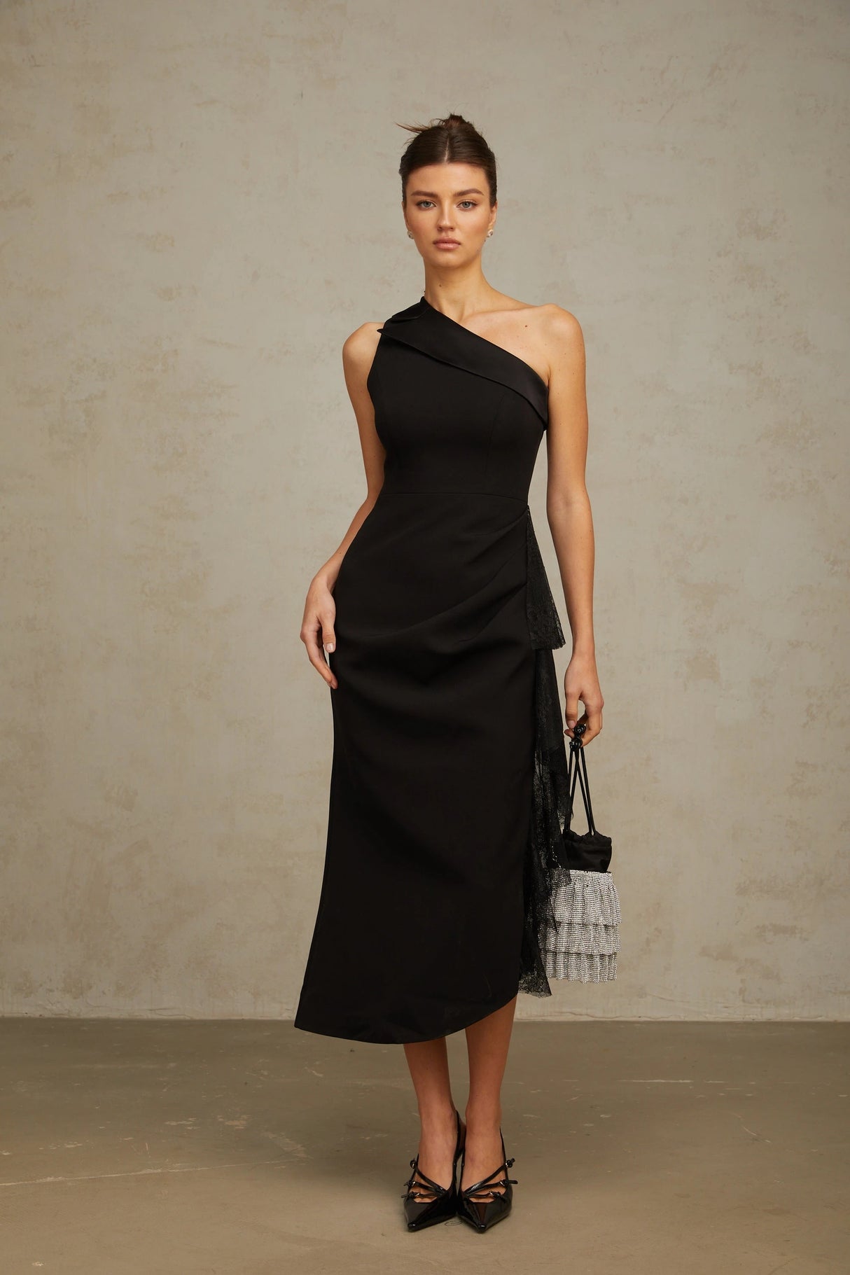 Bernadette Black LacePanel Asymmetrical Midi Dress