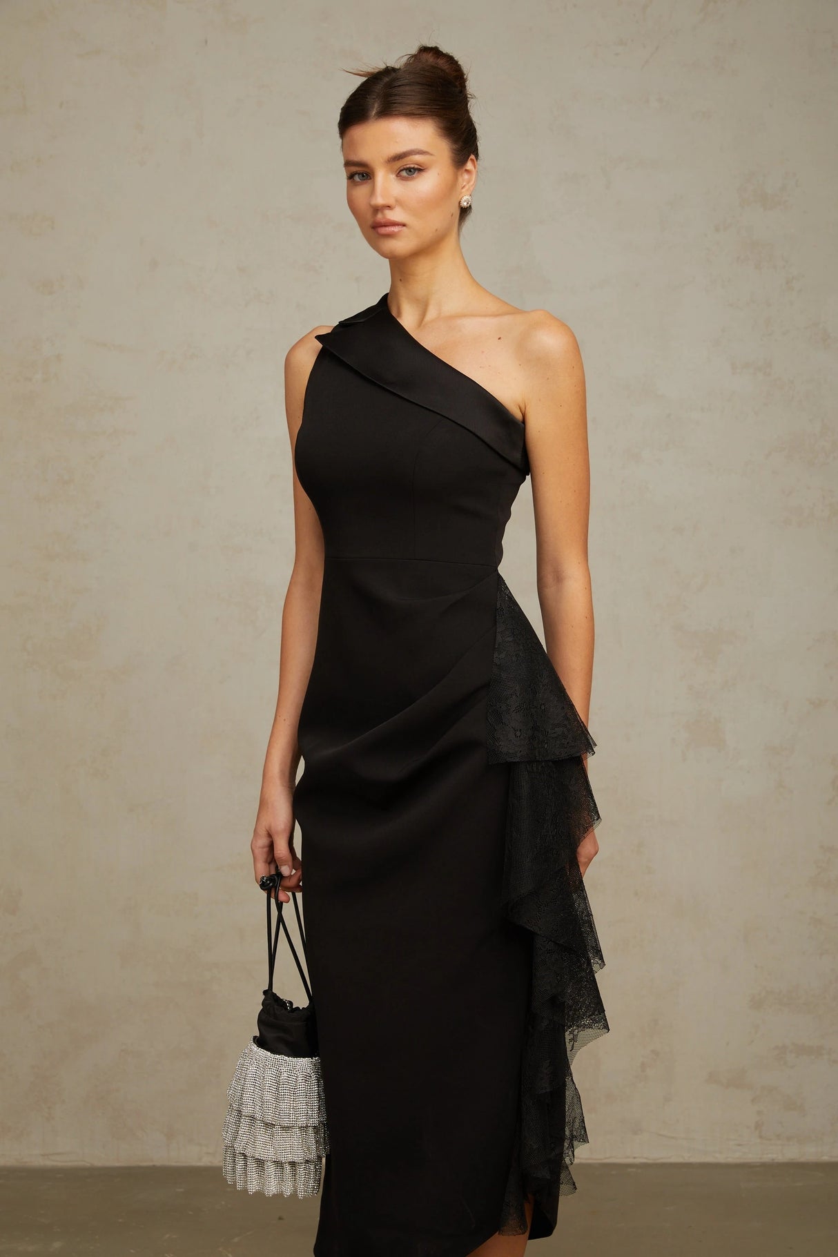 Bernadette Black LacePanel Asymmetrical Midi Dress