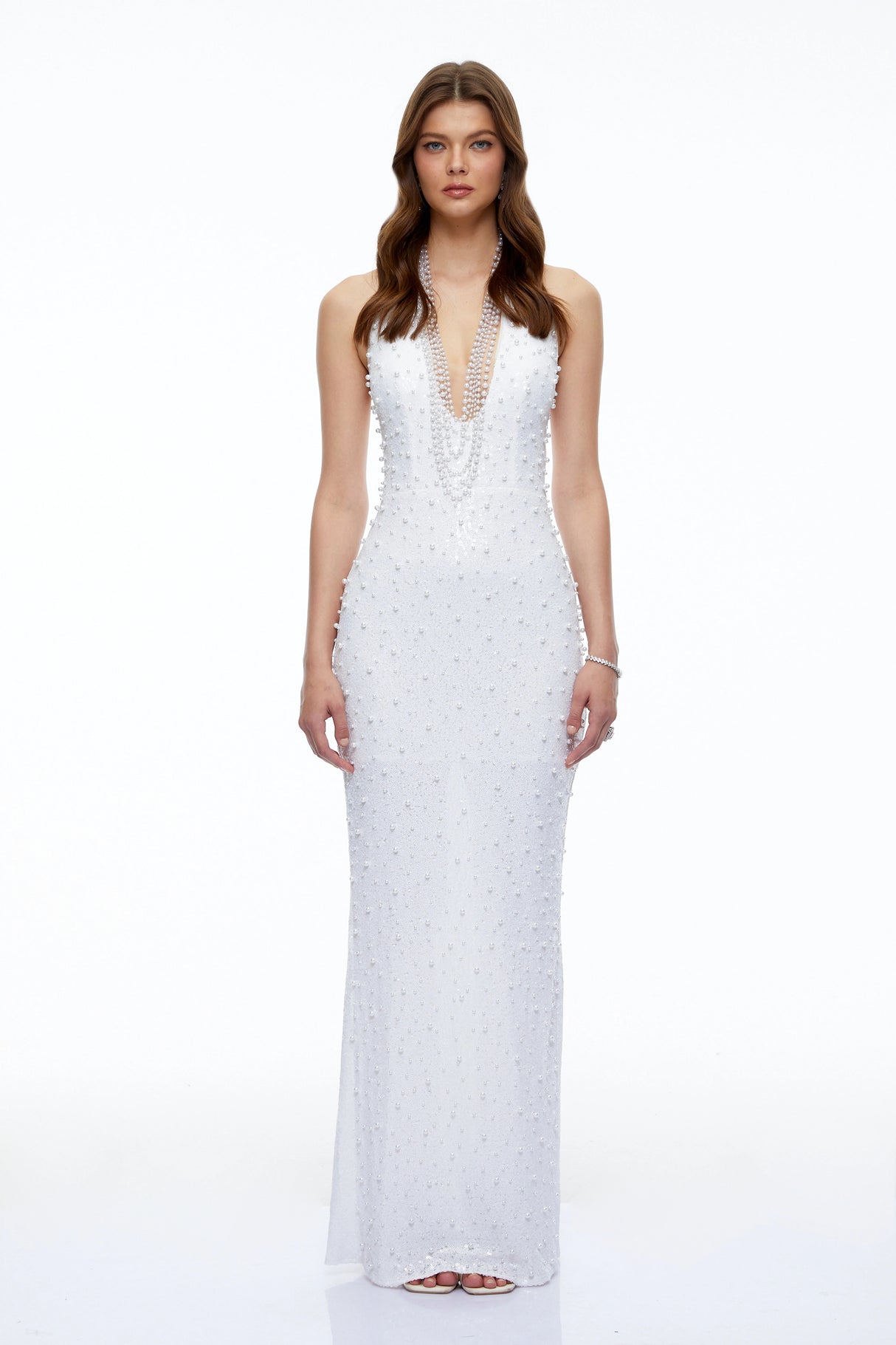 Bernadine White Halterneck Bodycon Maxi Dress with Pearls