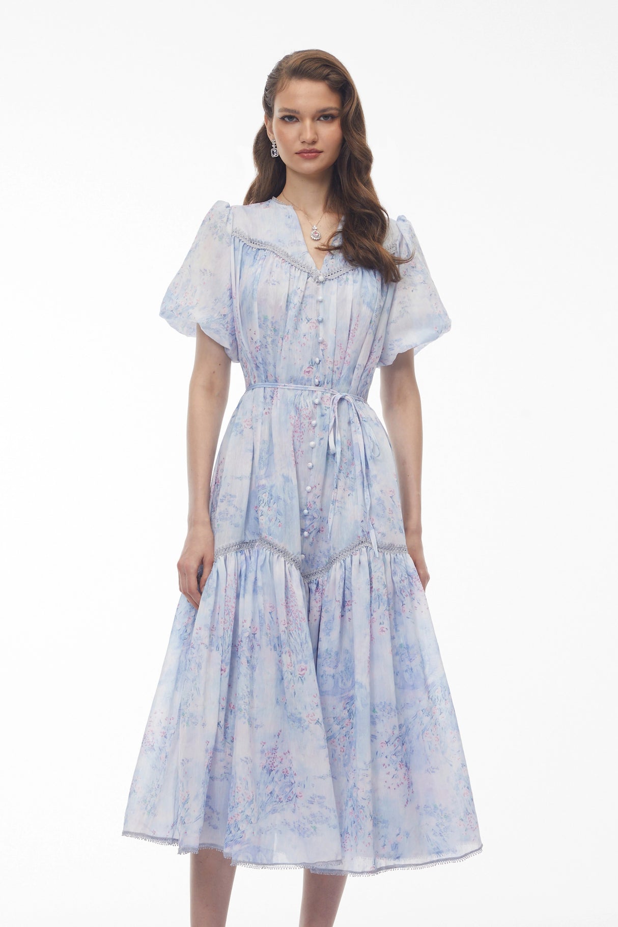 Beryl Blue Floral Print Ruched Midi Dress