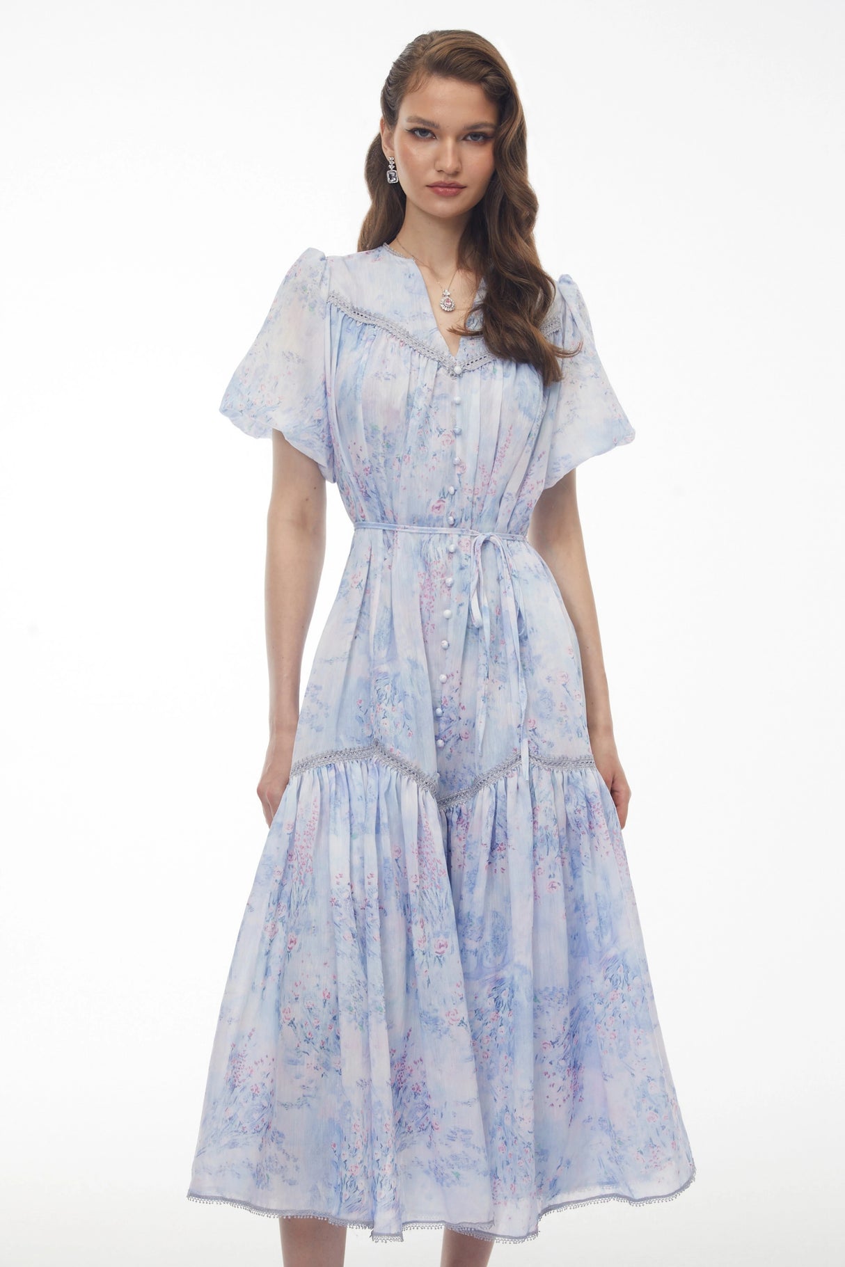 Beryl Blue Floral Print Ruched Midi Dress
