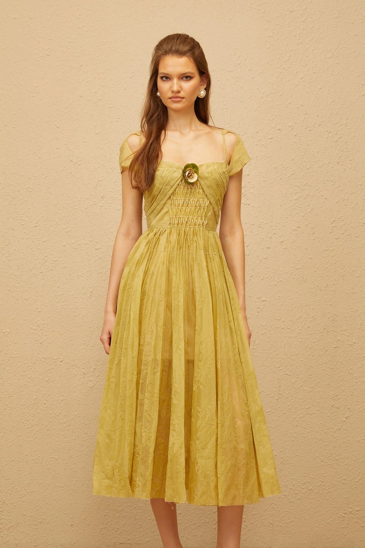 Béryl Green Floral Jacquard Midi Dress