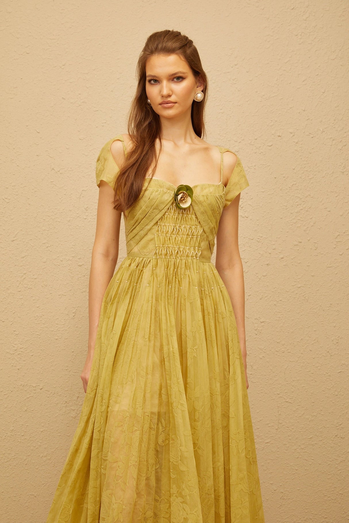 Béryl Green Floral Jacquard Midi Dress