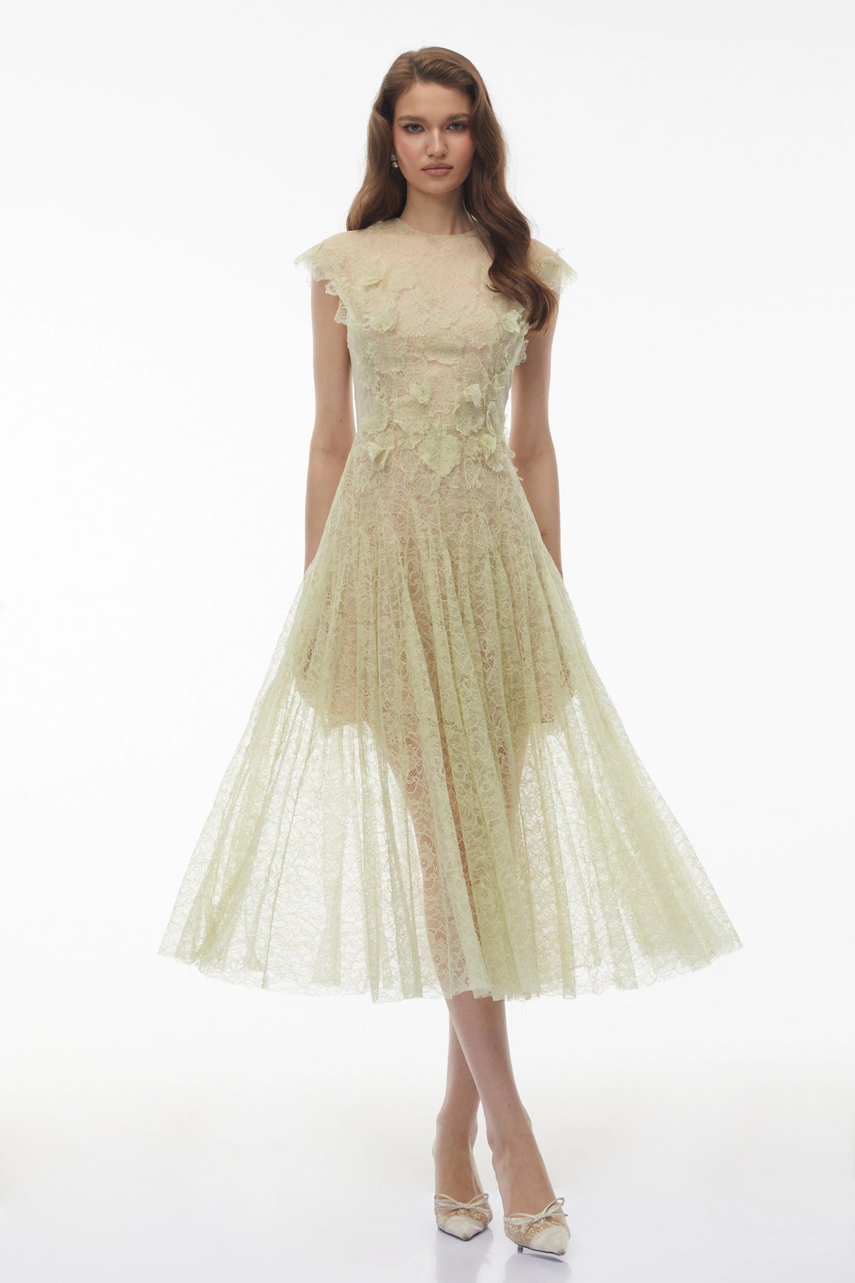 Béryl Green Floral Lace Midi Dress