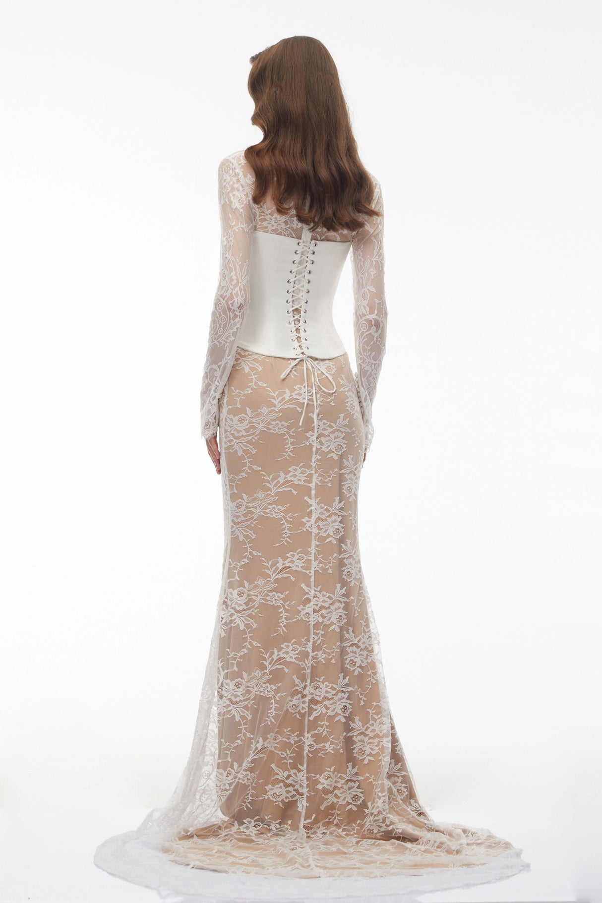 Bethany White Asymmetrical Lace Maxi Dress